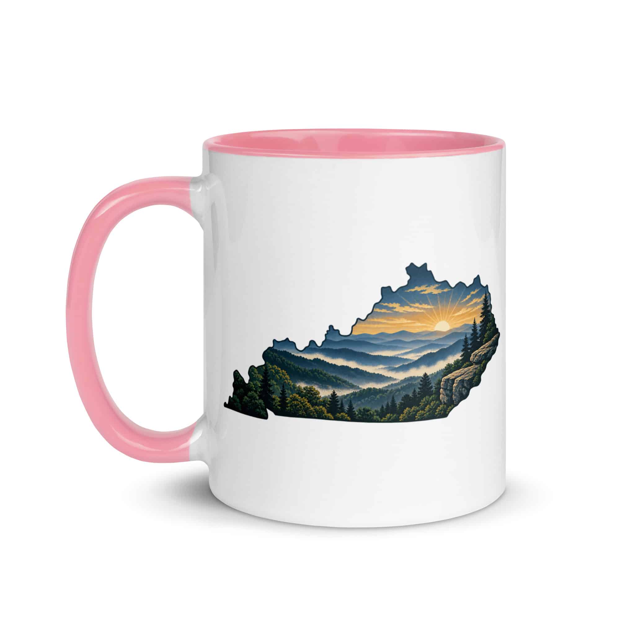 Kentucky Color Inside Coffee Mug: Layered Appalachian ridges at sunrise, Illustrated Kentucky Silhouette