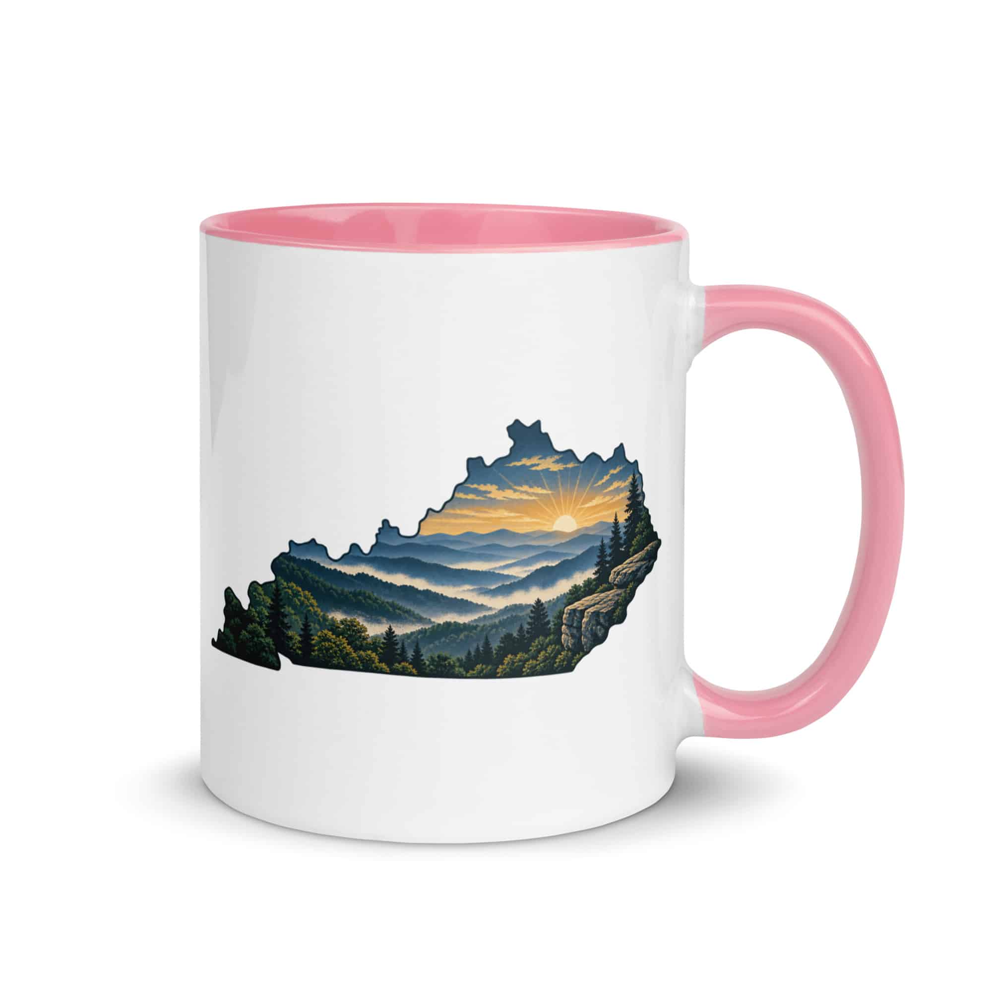 Kentucky Color Inside Coffee Mug: Layered Appalachian ridges at sunrise, Illustrated Kentucky Silhouette