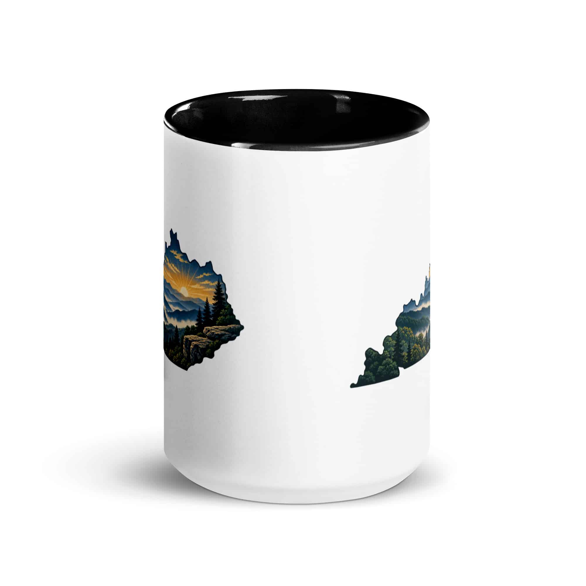 Kentucky Color Inside Coffee Mug: Layered Appalachian ridges at sunrise, Illustrated Kentucky Silhouette