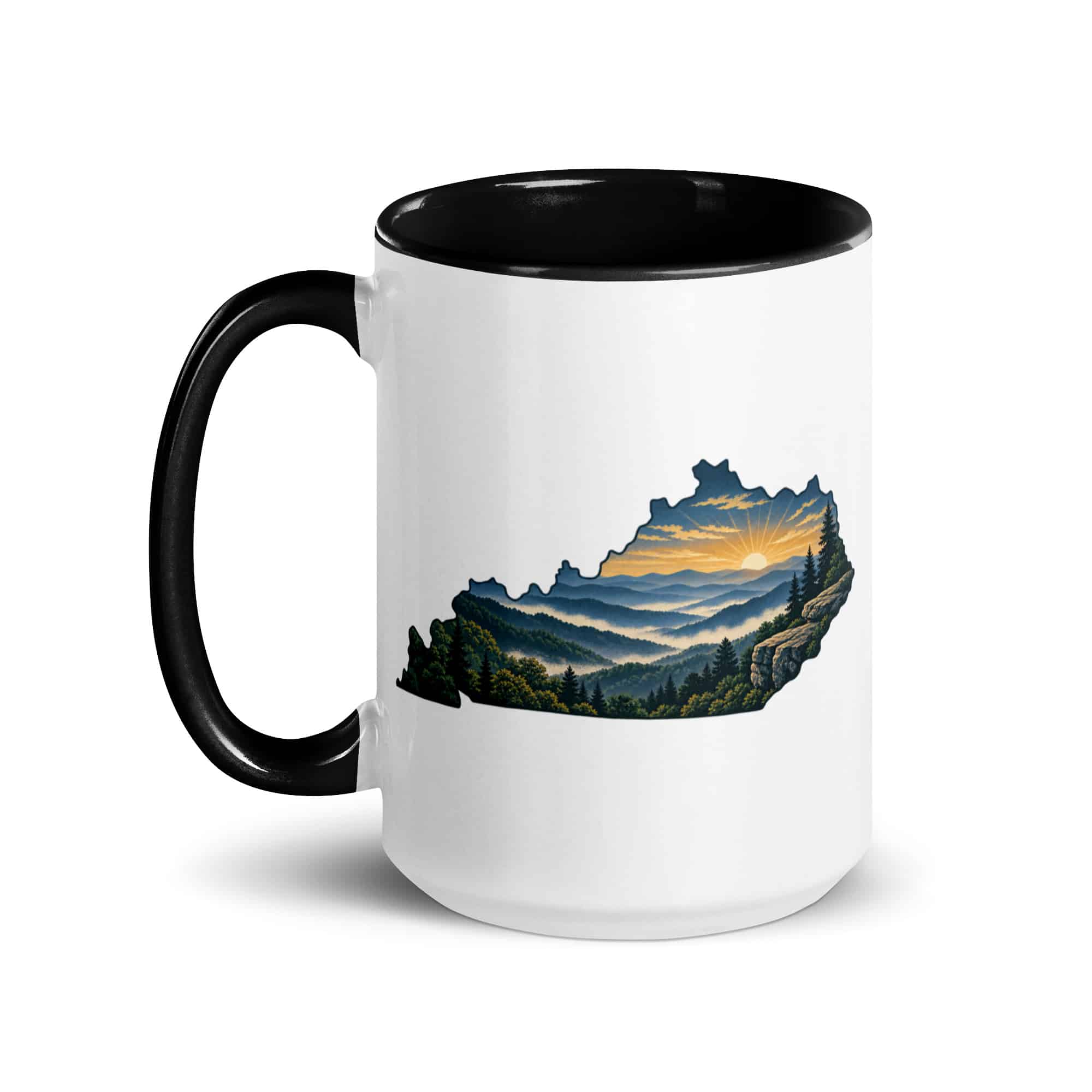 Kentucky Color Inside Coffee Mug: Layered Appalachian ridges at sunrise, Illustrated Kentucky Silhouette