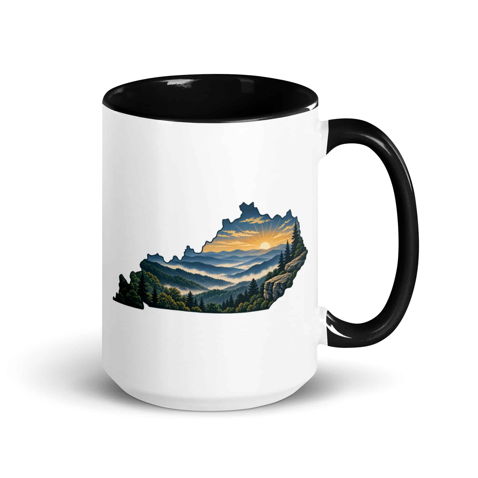 Kentucky Color Inside Coffee Mug: Layered Appalachian ridges at sunrise, Illustrated Kentucky Silhouette