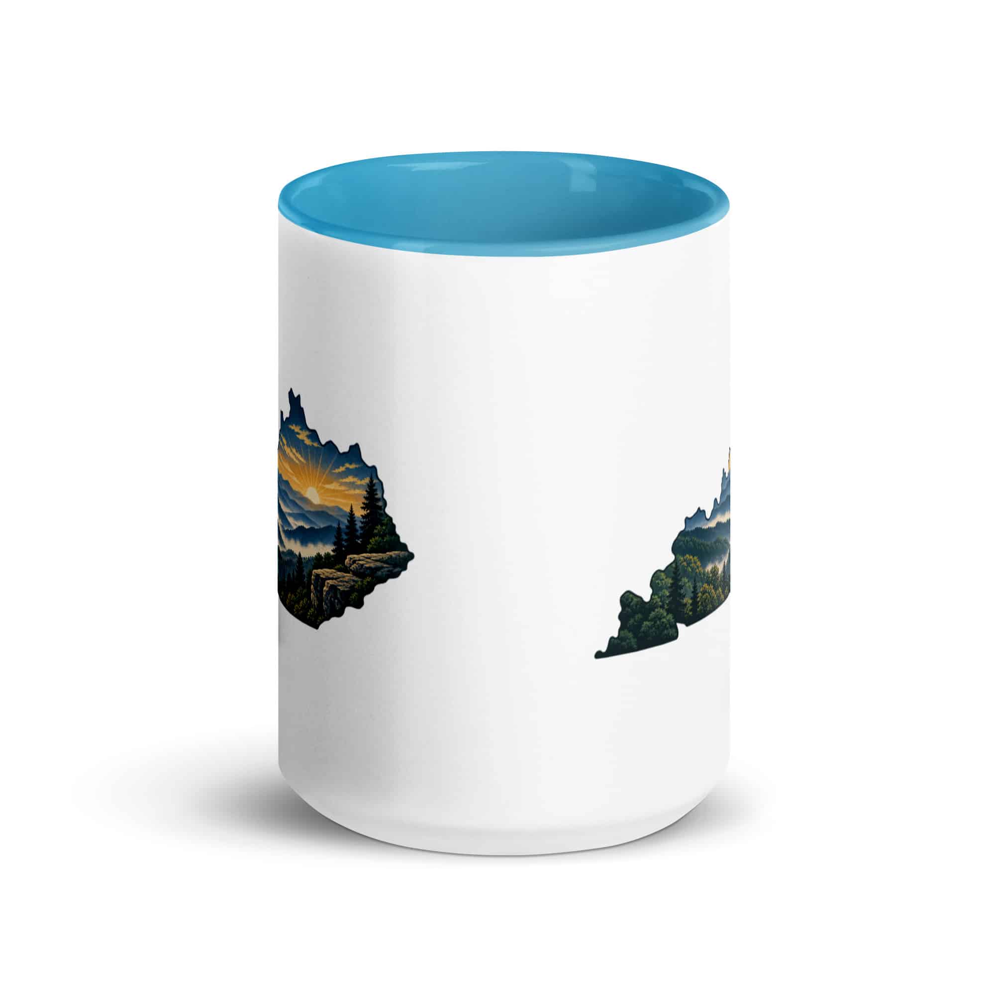 Kentucky Color Inside Coffee Mug: Layered Appalachian ridges at sunrise, Illustrated Kentucky Silhouette