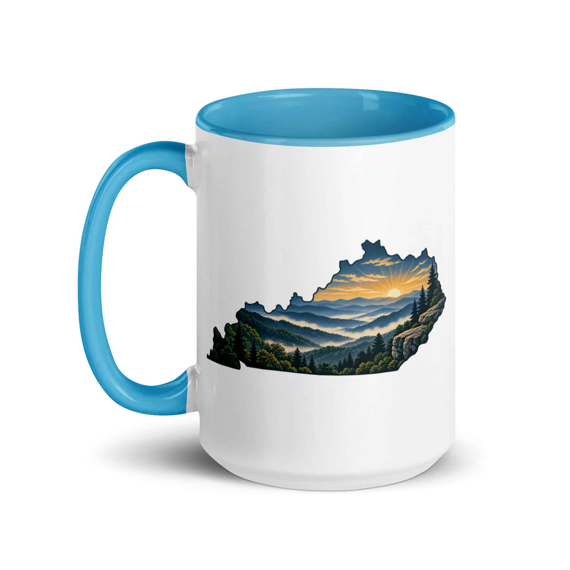 Kentucky Color Inside Coffee Mug: Layered Appalachian ridges at sunrise, Illustrated Kentucky Silhouette
