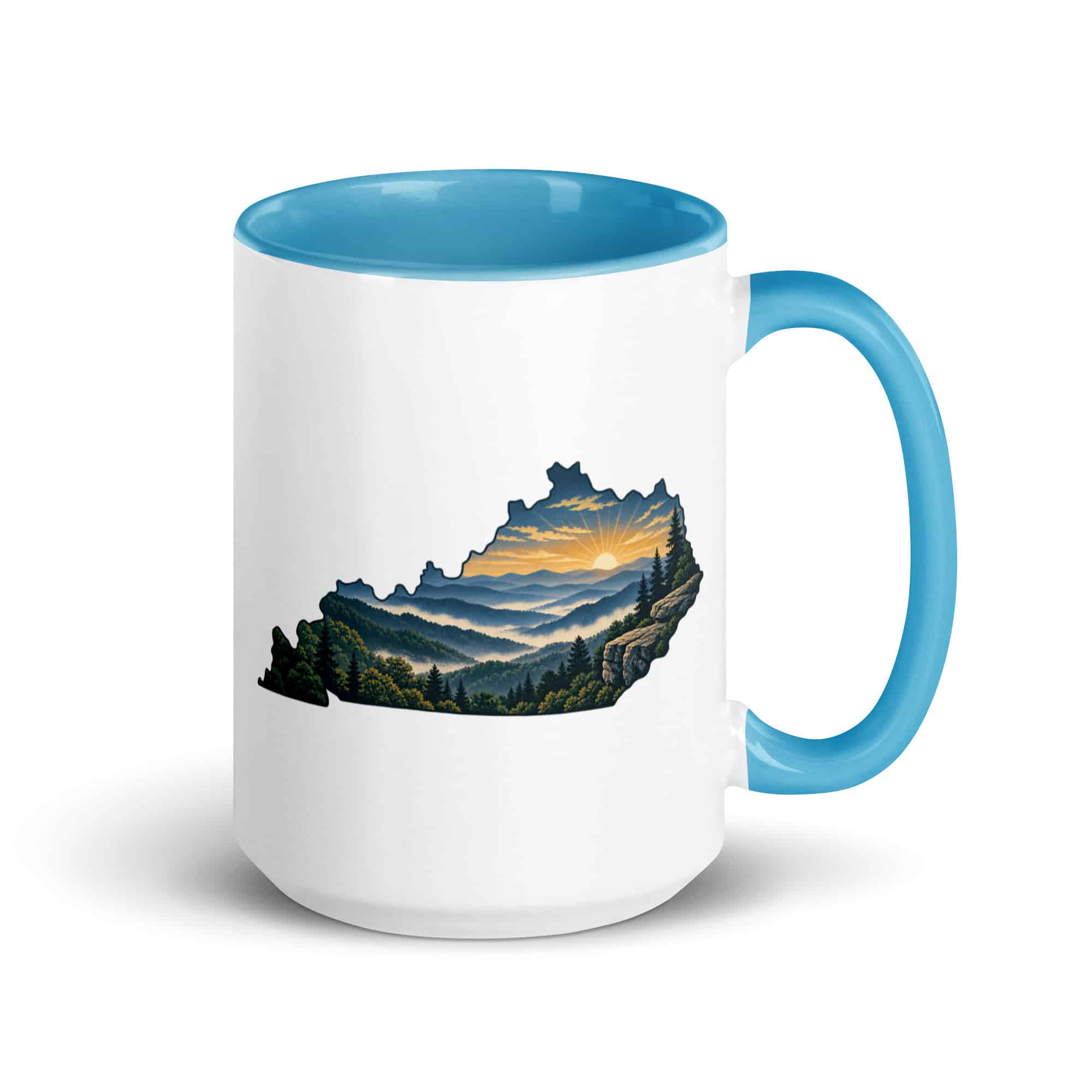 Kentucky Color Inside Coffee Mug: Layered Appalachian ridges at sunrise, Illustrated Kentucky Silhouette