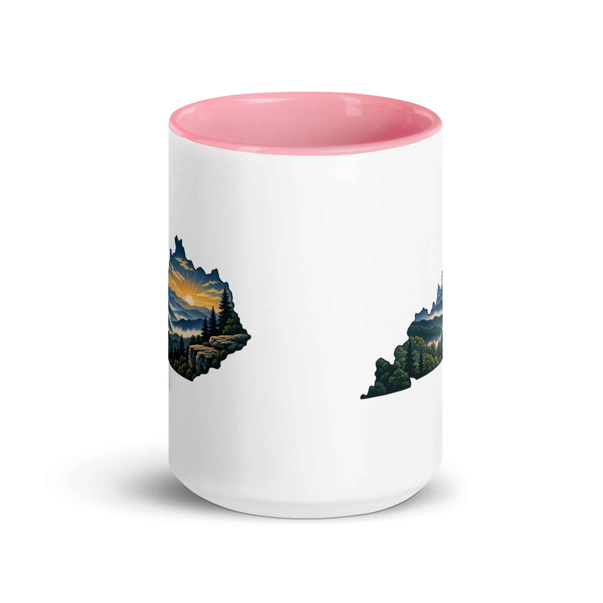 Kentucky Color Inside Coffee Mug: Layered Appalachian ridges at sunrise, Illustrated Kentucky Silhouette