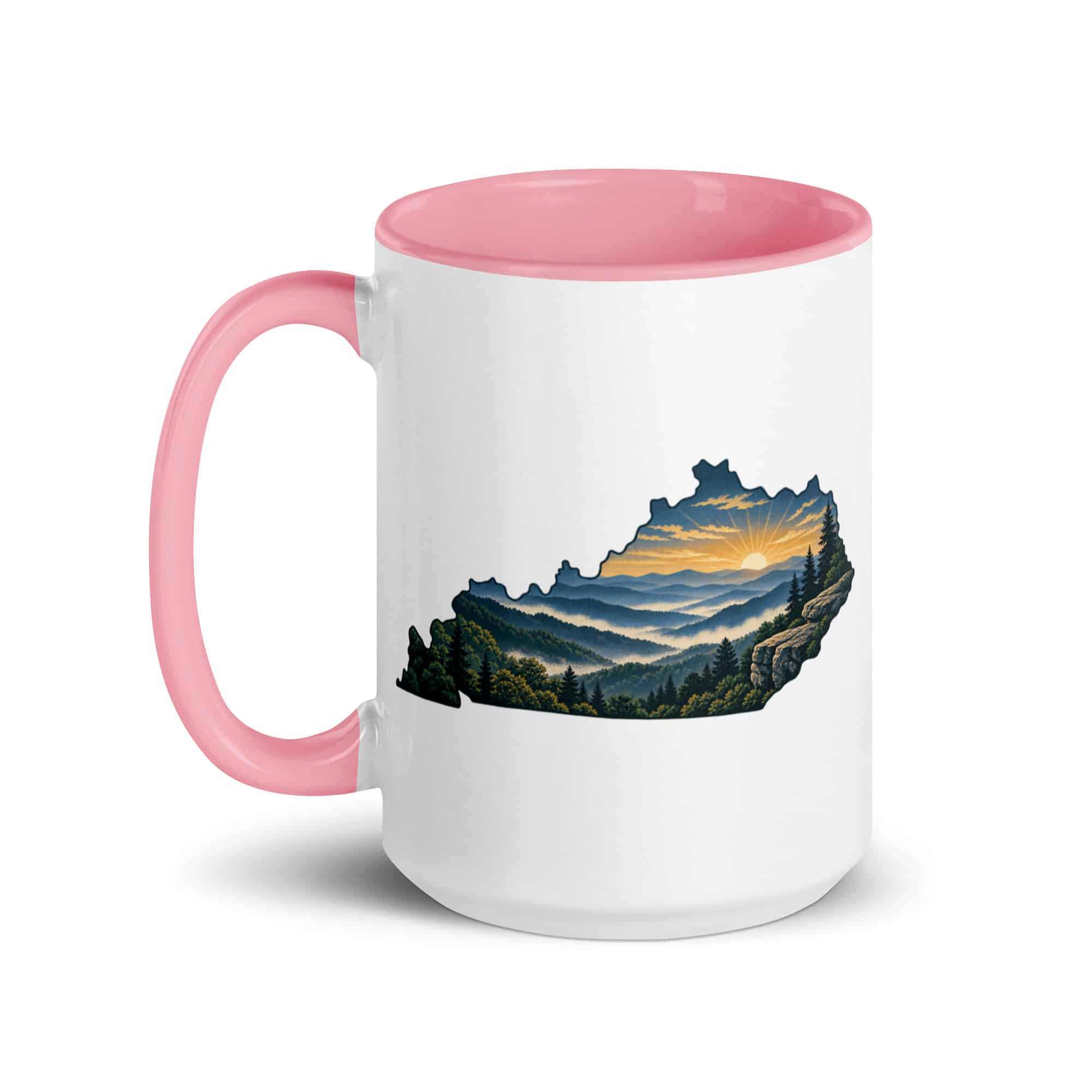 Kentucky Color Inside Coffee Mug: Layered Appalachian ridges at sunrise, Illustrated Kentucky Silhouette