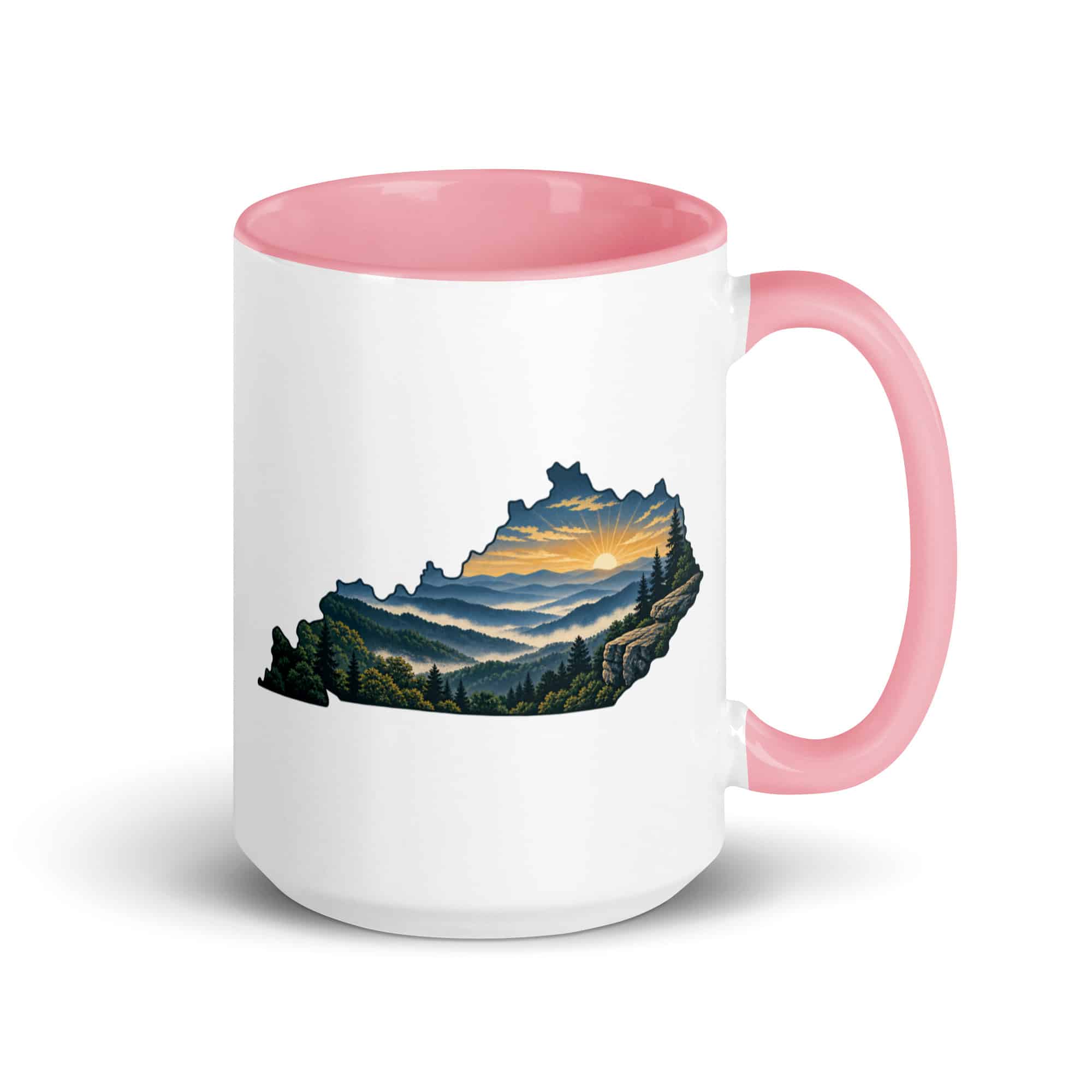 Kentucky Color Inside Coffee Mug: Layered Appalachian ridges at sunrise, Illustrated Kentucky Silhouette