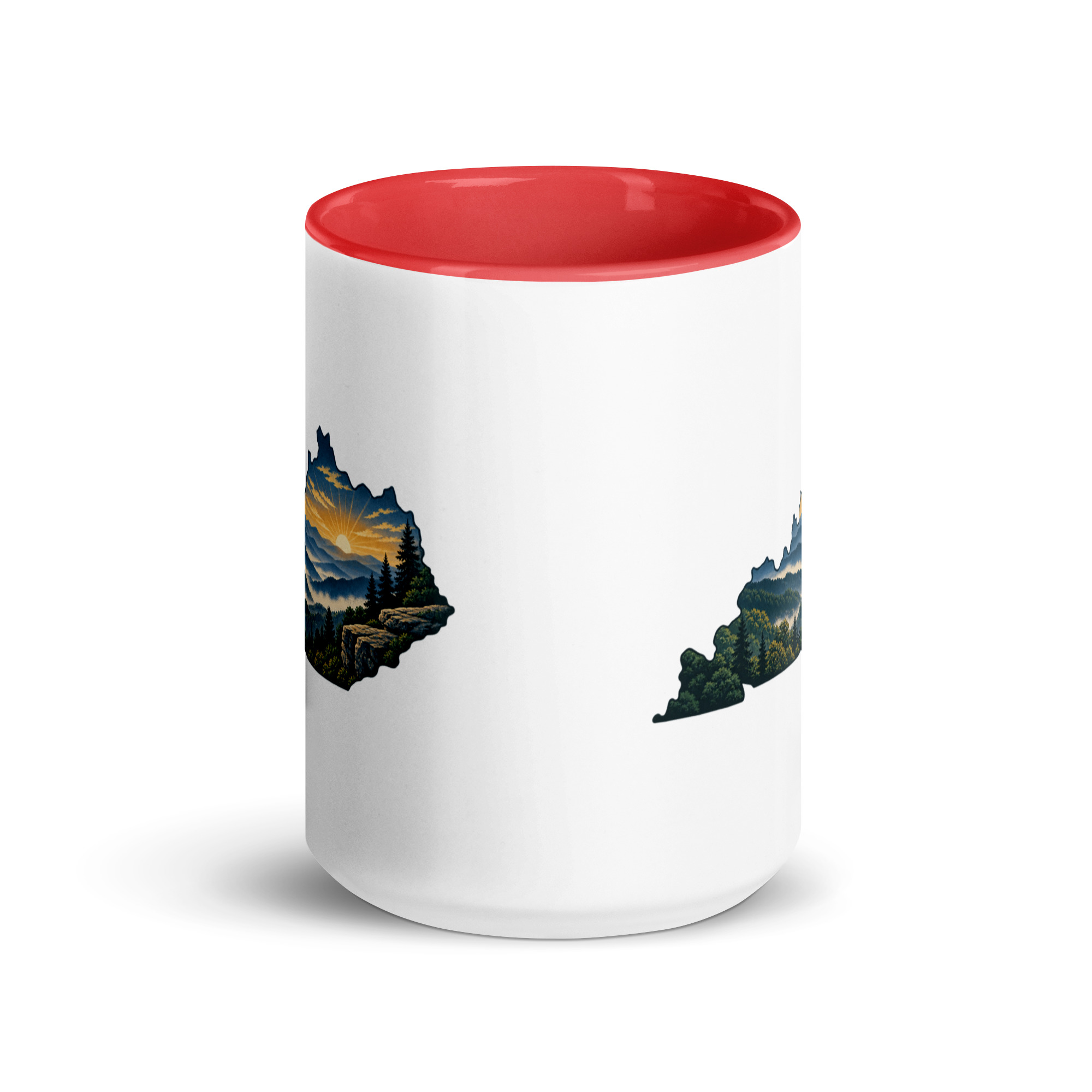 Kentucky Color Inside Coffee Mug: Layered Appalachian ridges at sunrise, Illustrated Kentucky Silhouette