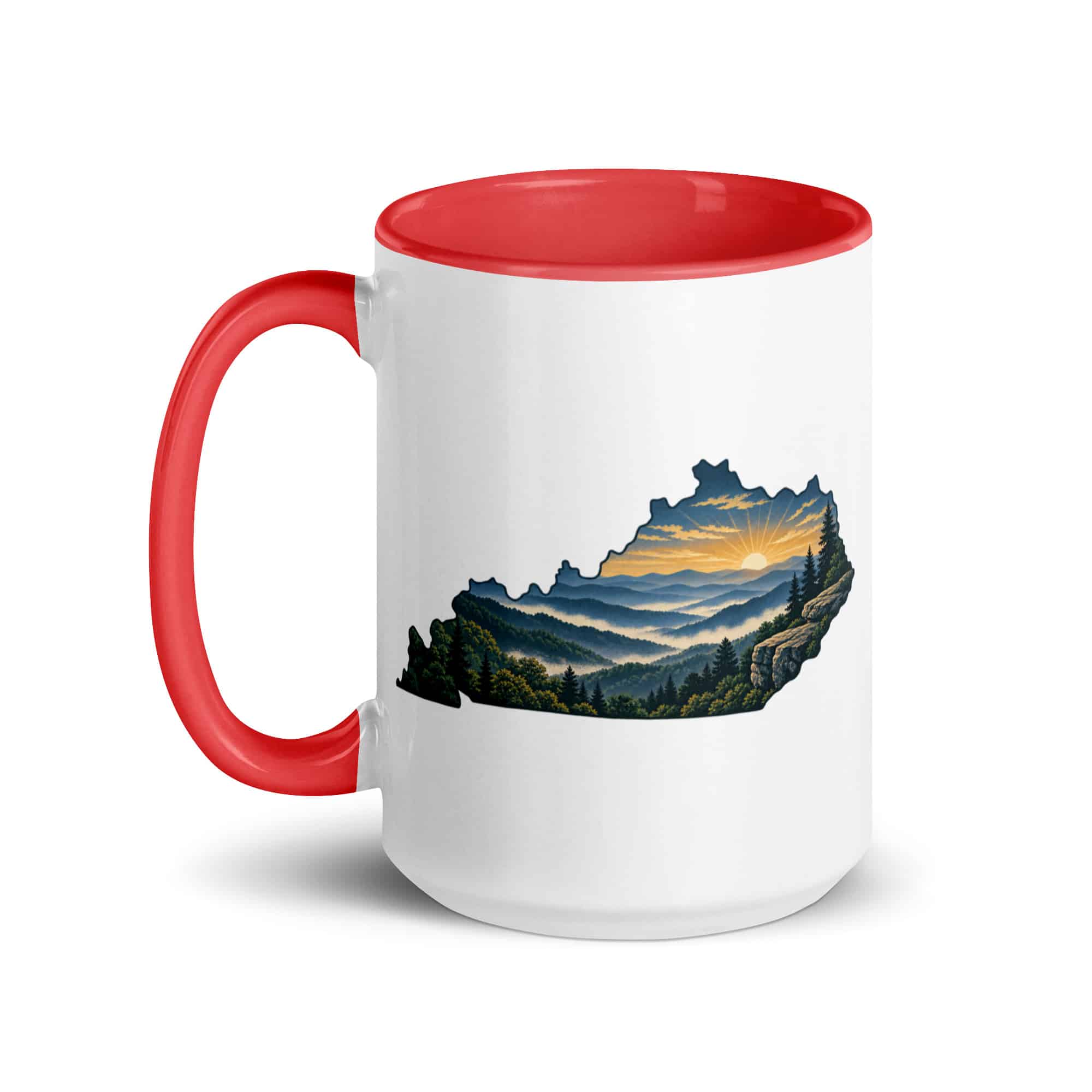 Kentucky Color Inside Coffee Mug: Layered Appalachian ridges at sunrise, Illustrated Kentucky Silhouette