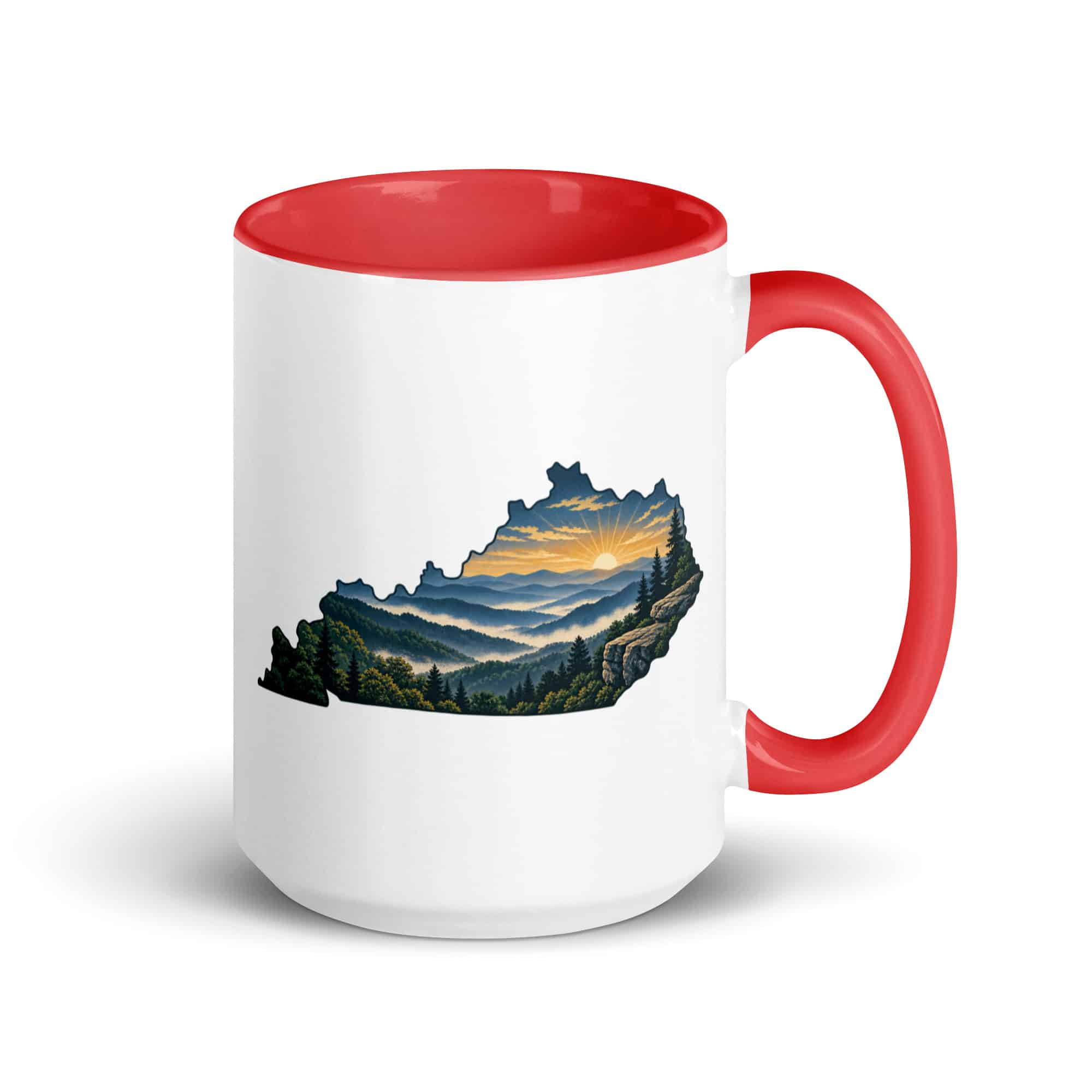 Kentucky Color Inside Coffee Mug: Layered Appalachian ridges at sunrise, Illustrated Kentucky Silhouette