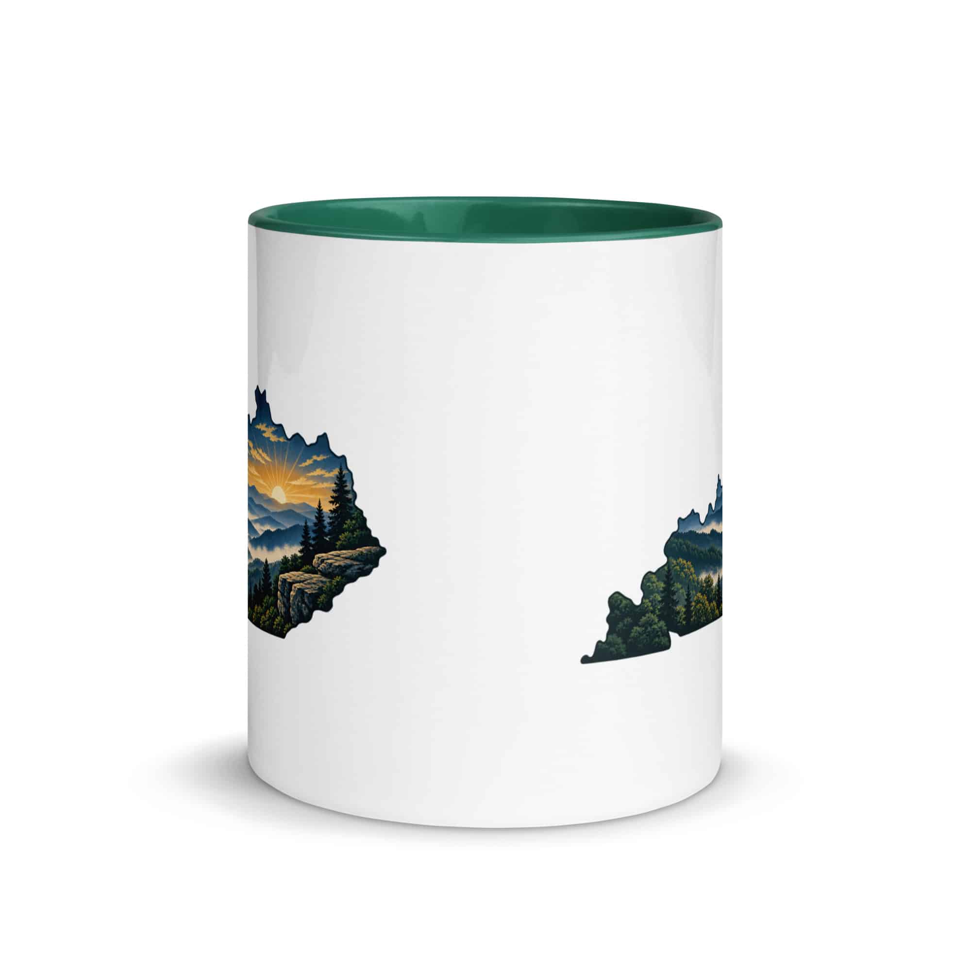 Kentucky Color Inside Coffee Mug: Layered Appalachian ridges at sunrise, Illustrated Kentucky Silhouette