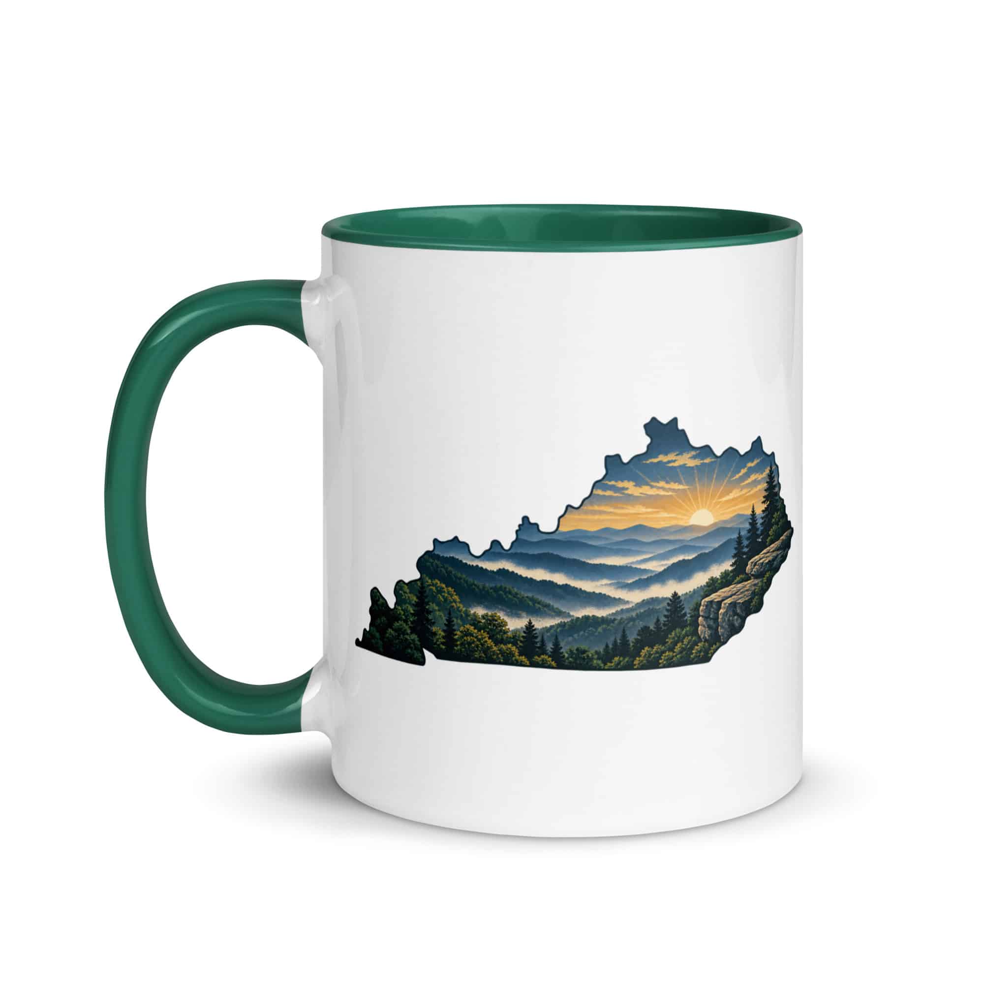 Kentucky Color Inside Coffee Mug: Layered Appalachian ridges at sunrise, Illustrated Kentucky Silhouette