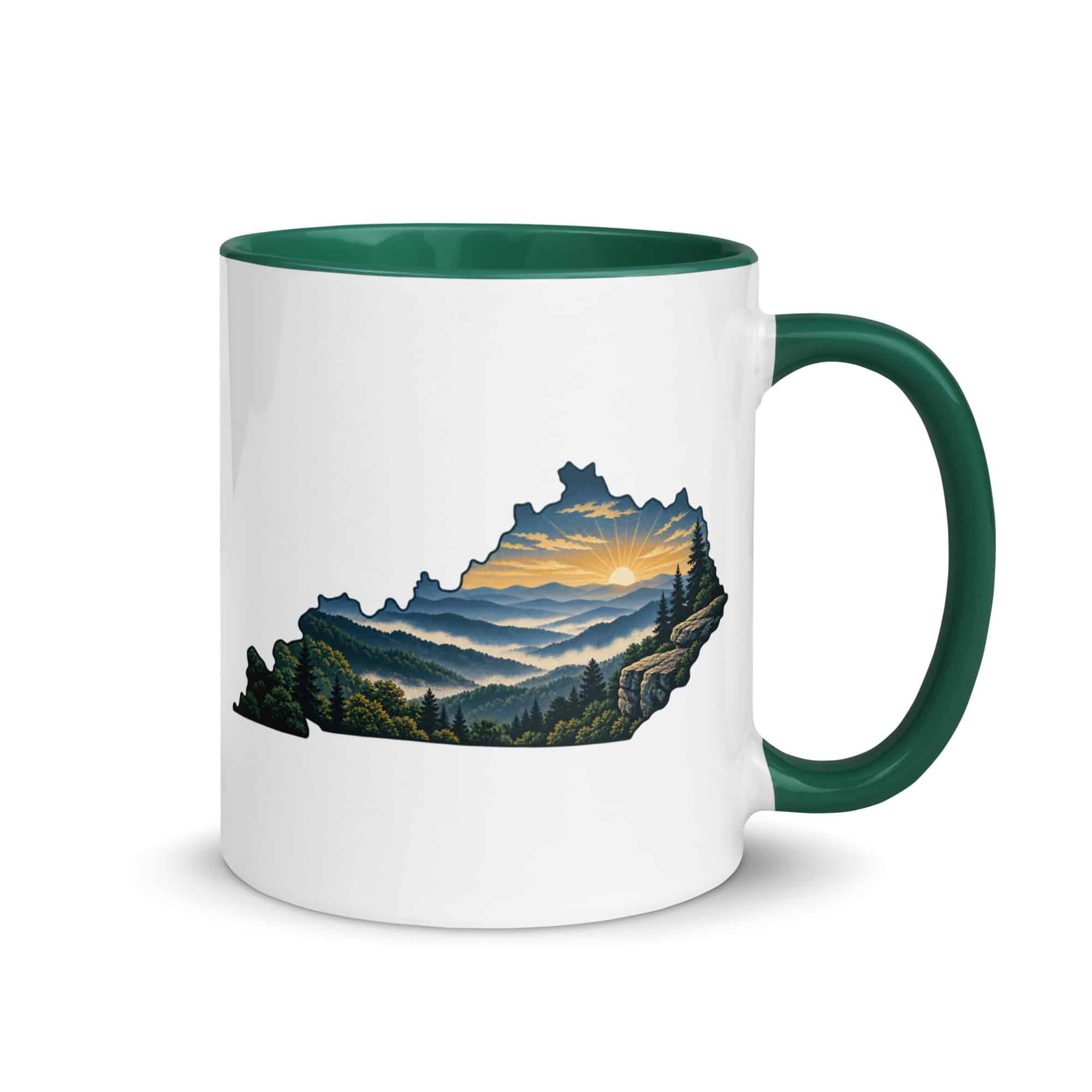 Kentucky Color Inside Coffee Mug: Layered Appalachian ridges at sunrise, Illustrated Kentucky Silhouette