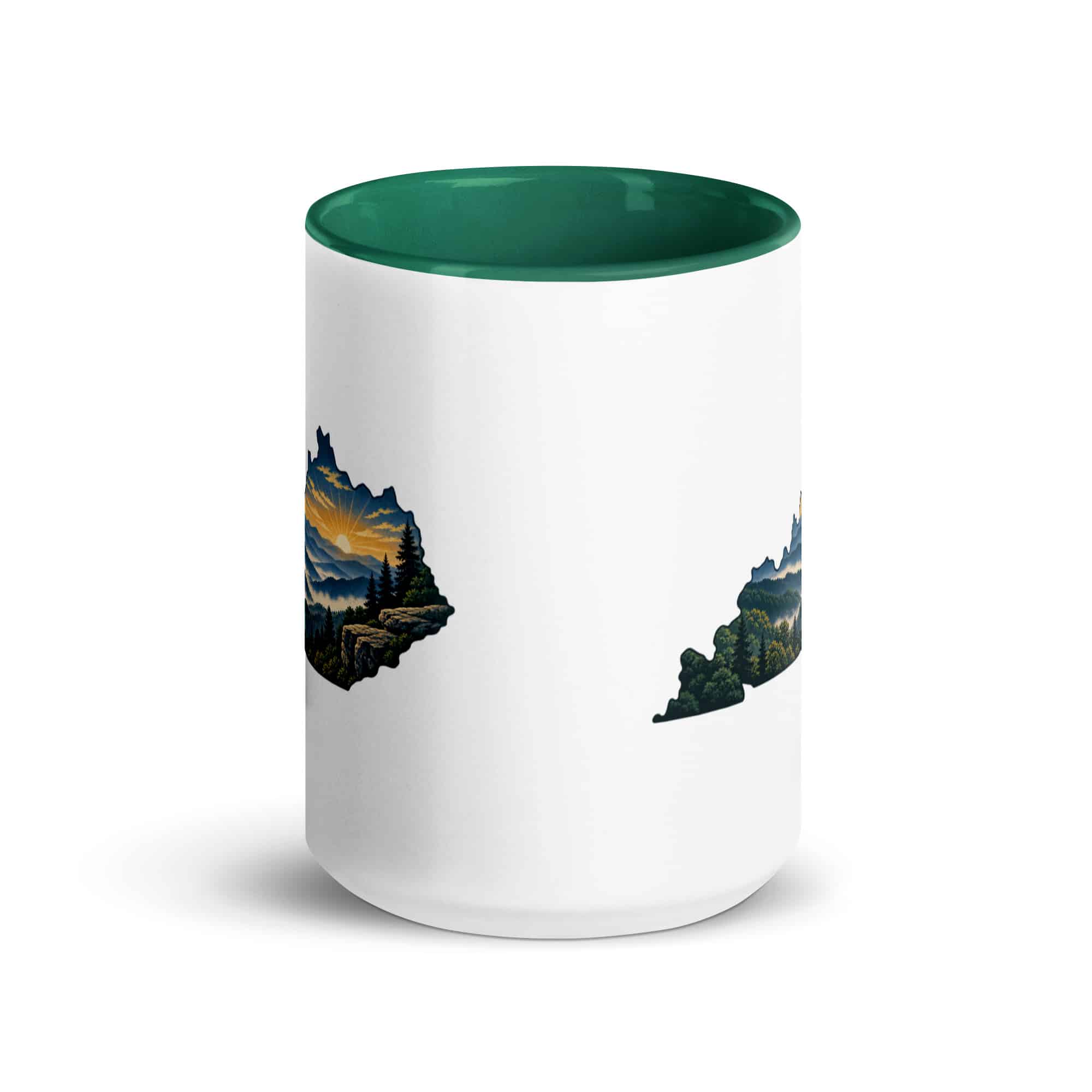 Kentucky Color Inside Coffee Mug: Layered Appalachian ridges at sunrise, Illustrated Kentucky Silhouette