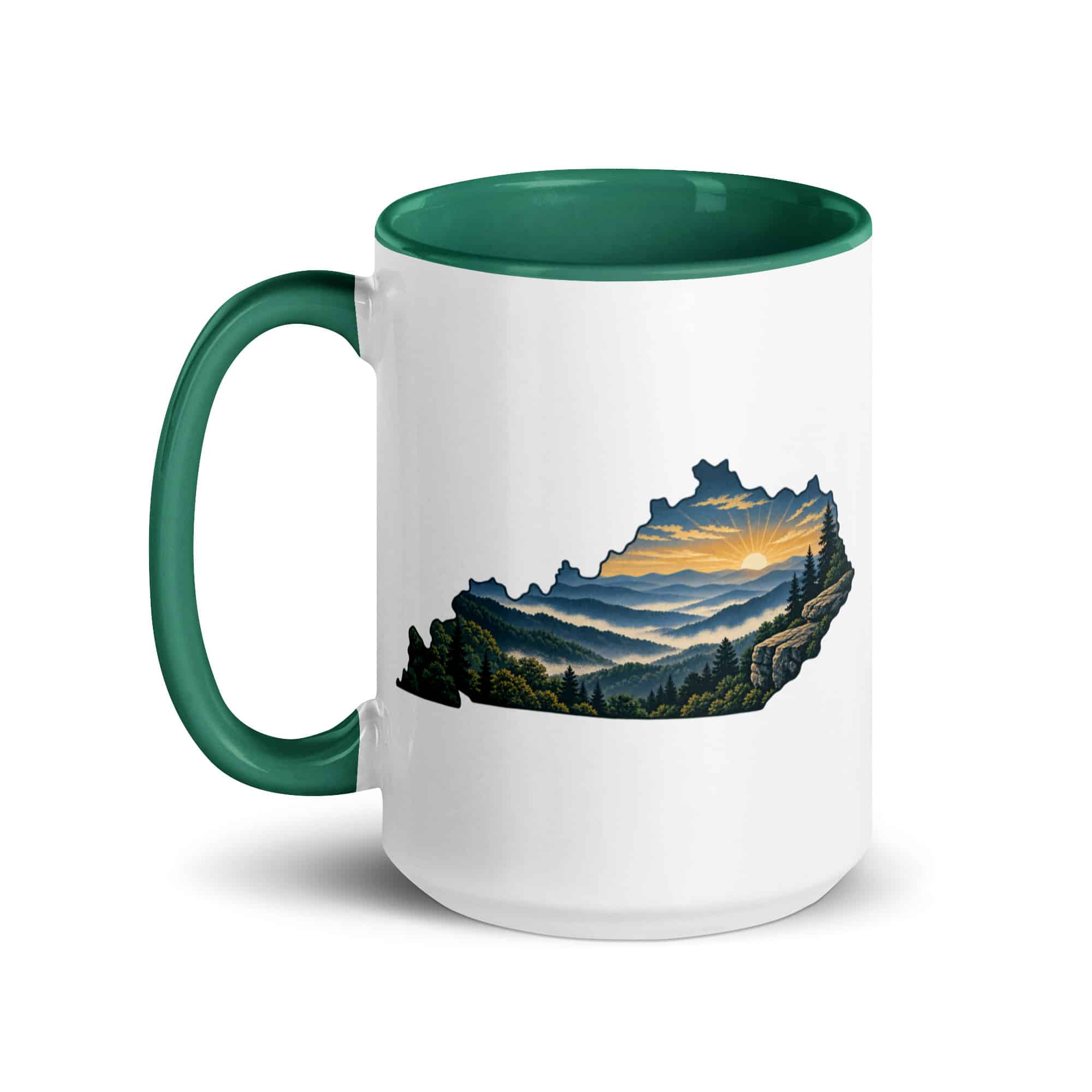 Kentucky Color Inside Coffee Mug: Layered Appalachian ridges at sunrise, Illustrated Kentucky Silhouette