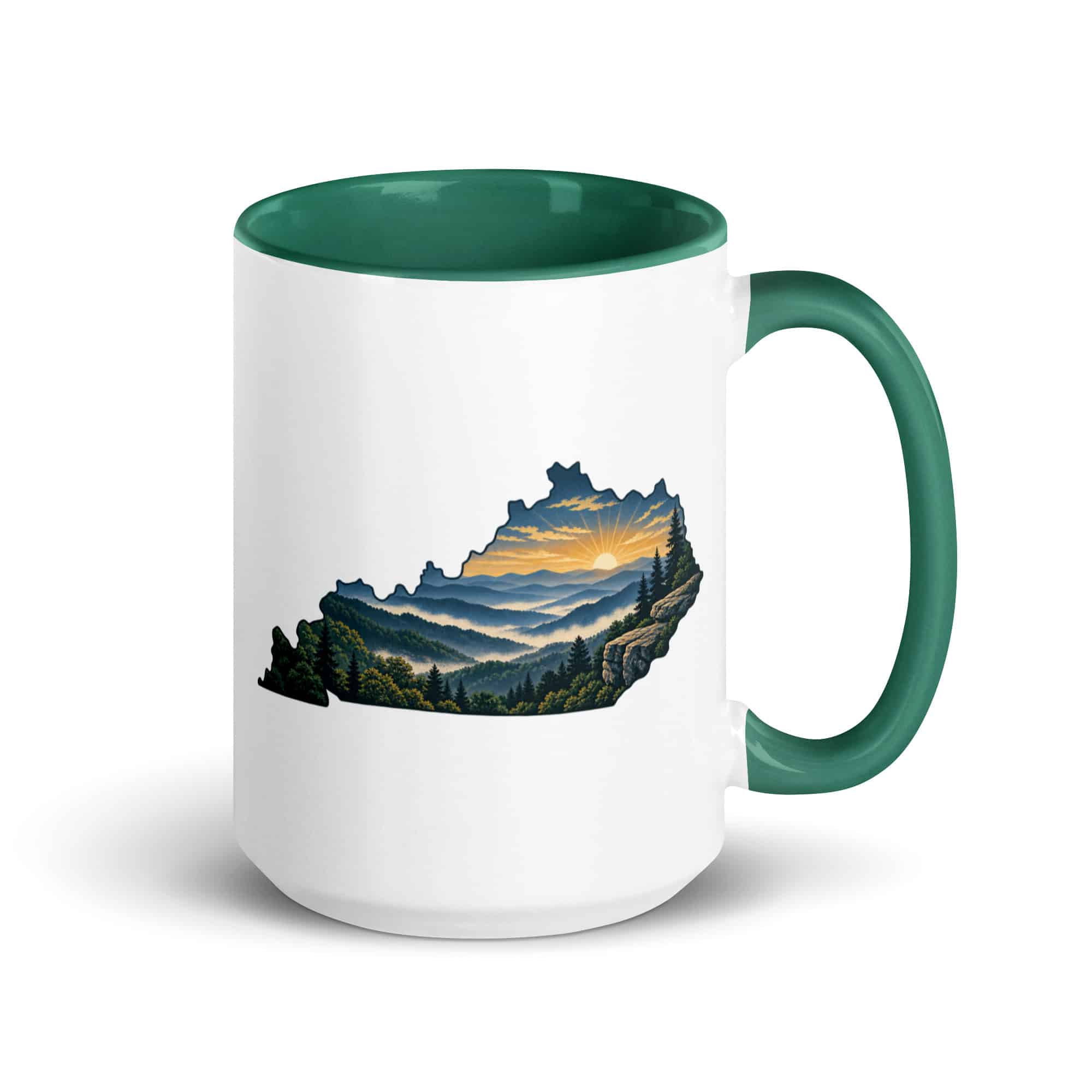 Kentucky Color Inside Coffee Mug: Layered Appalachian ridges at sunrise, Illustrated Kentucky Silhouette