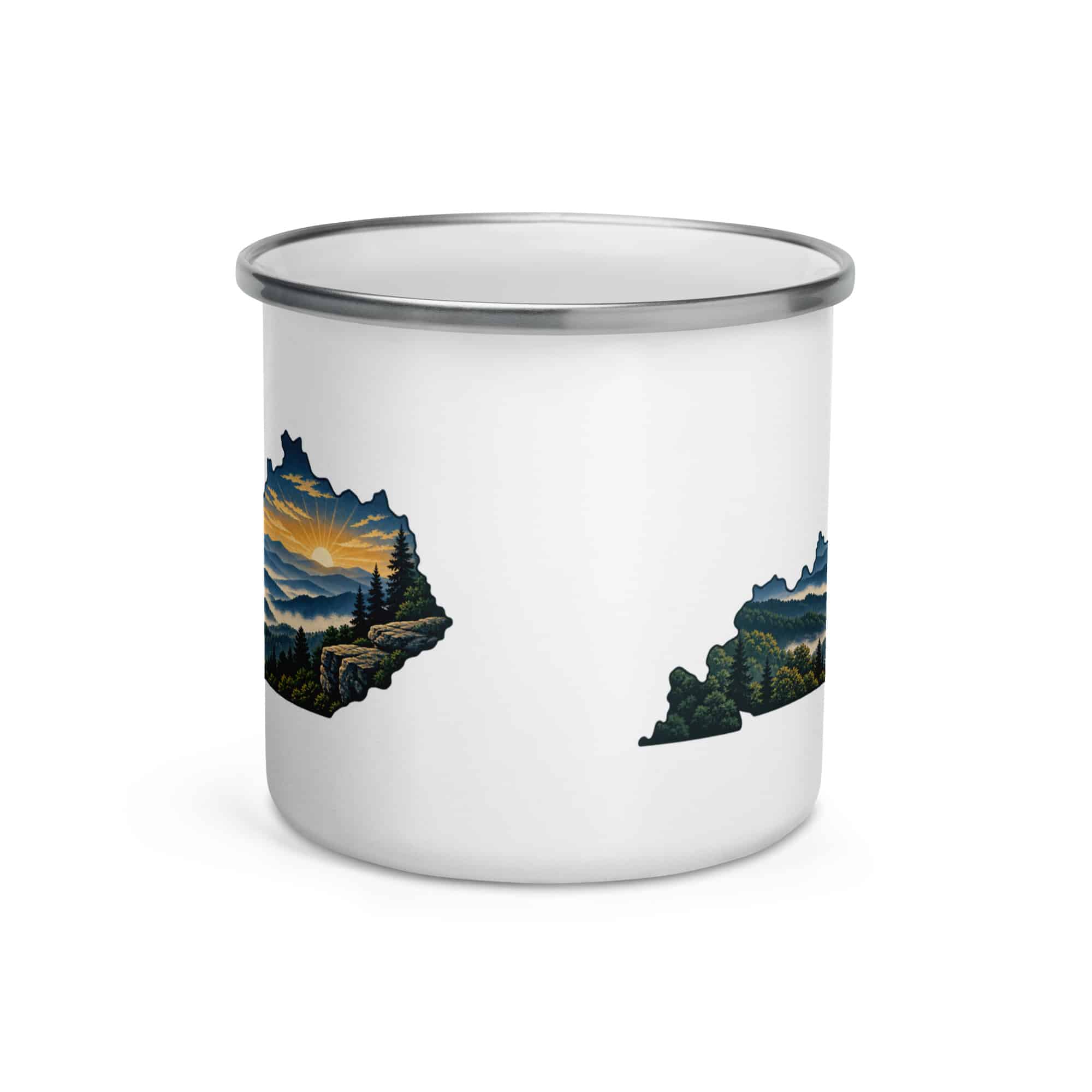 Kentucky Enamel Camp Mug: Layered Appalachian ridges at sunrise, Illustrated Kentucky Silhouette