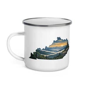 Kentucky Enamel Camp Mug: Layered Appalachian ridges at sunrise, Illustrated Kentucky Silhouette - 12 oz - Left