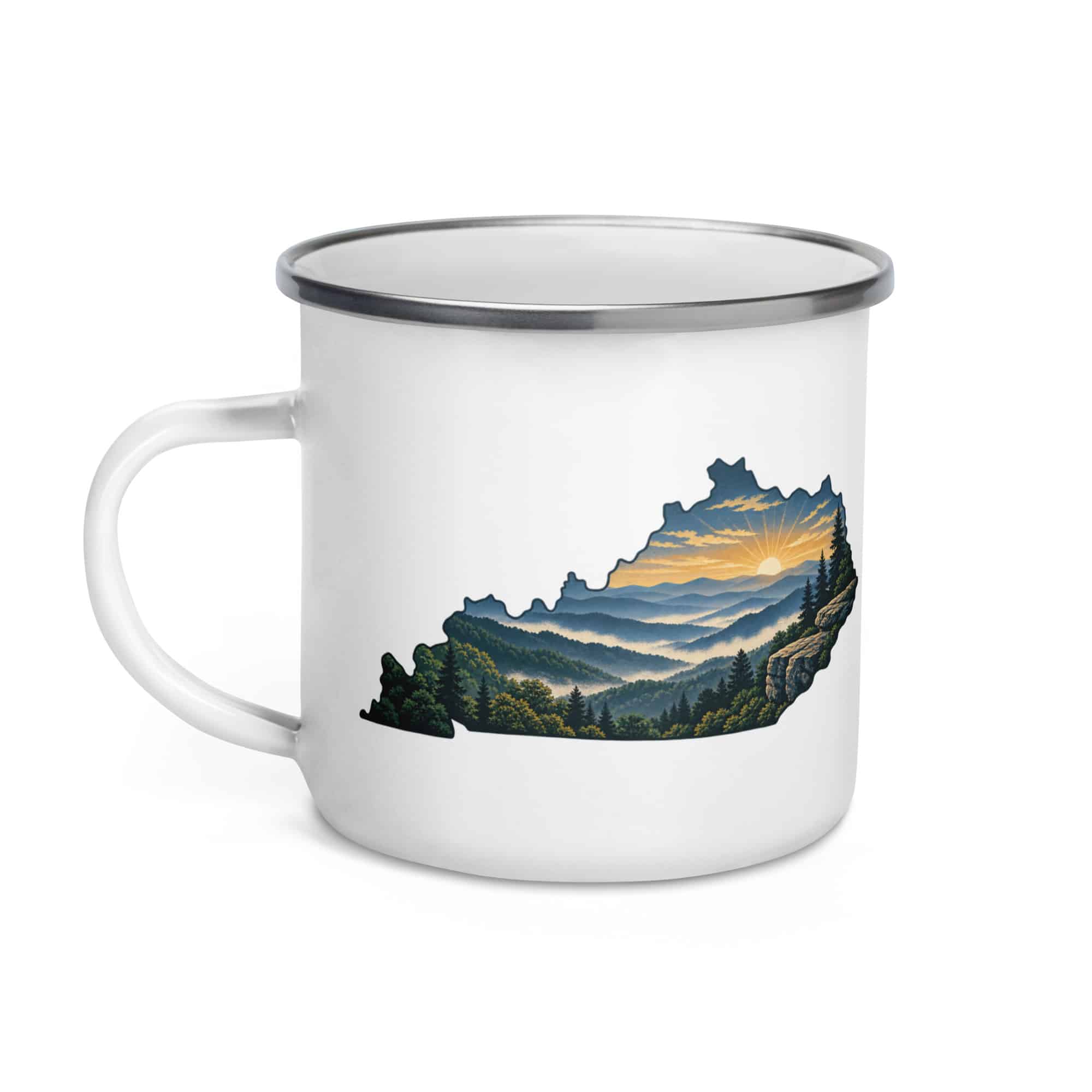 Kentucky Enamel Camp Mug: Layered Appalachian ridges at sunrise, Illustrated Kentucky Silhouette