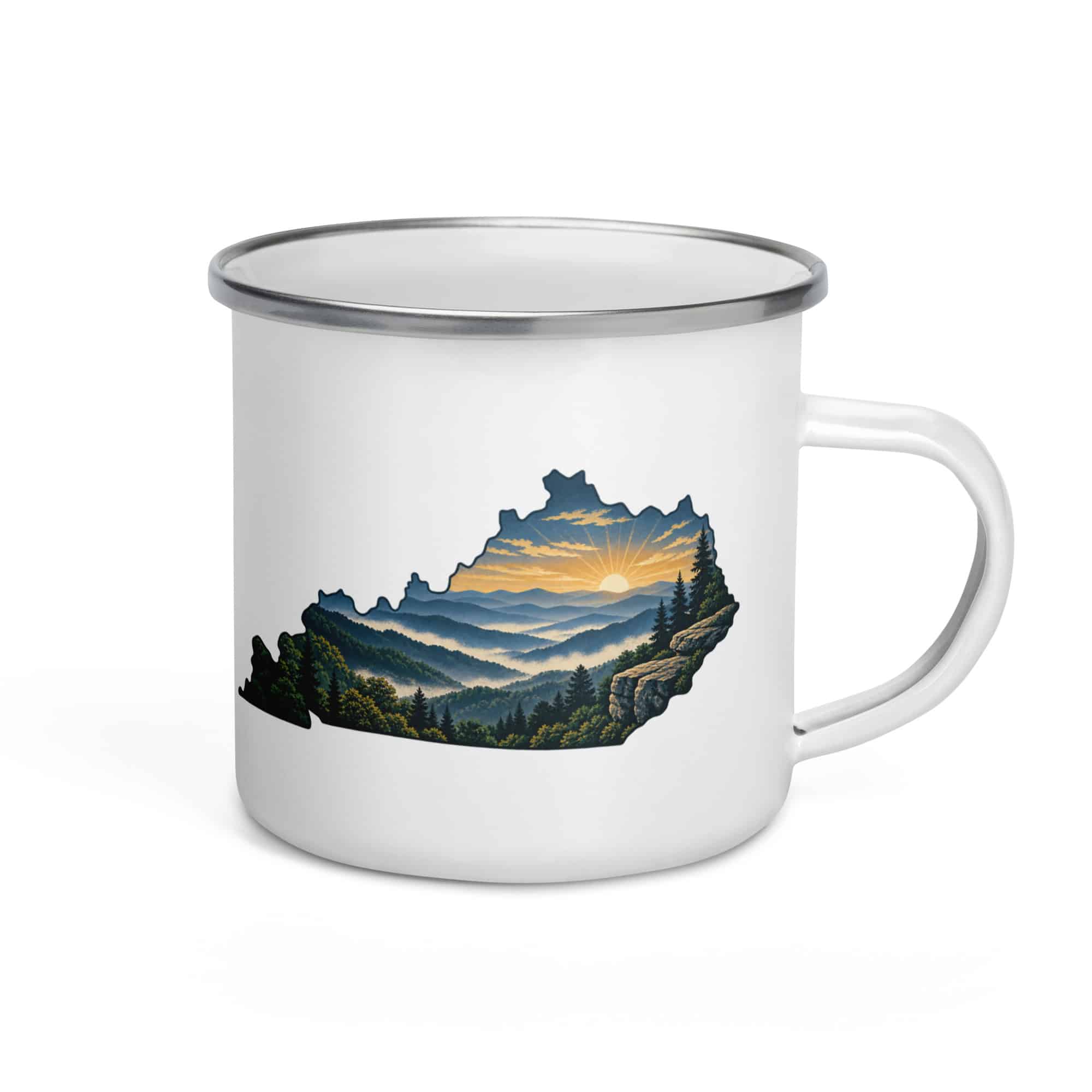 Kentucky Enamel Camp Mug: Layered Appalachian ridges at sunrise, Illustrated Kentucky Silhouette