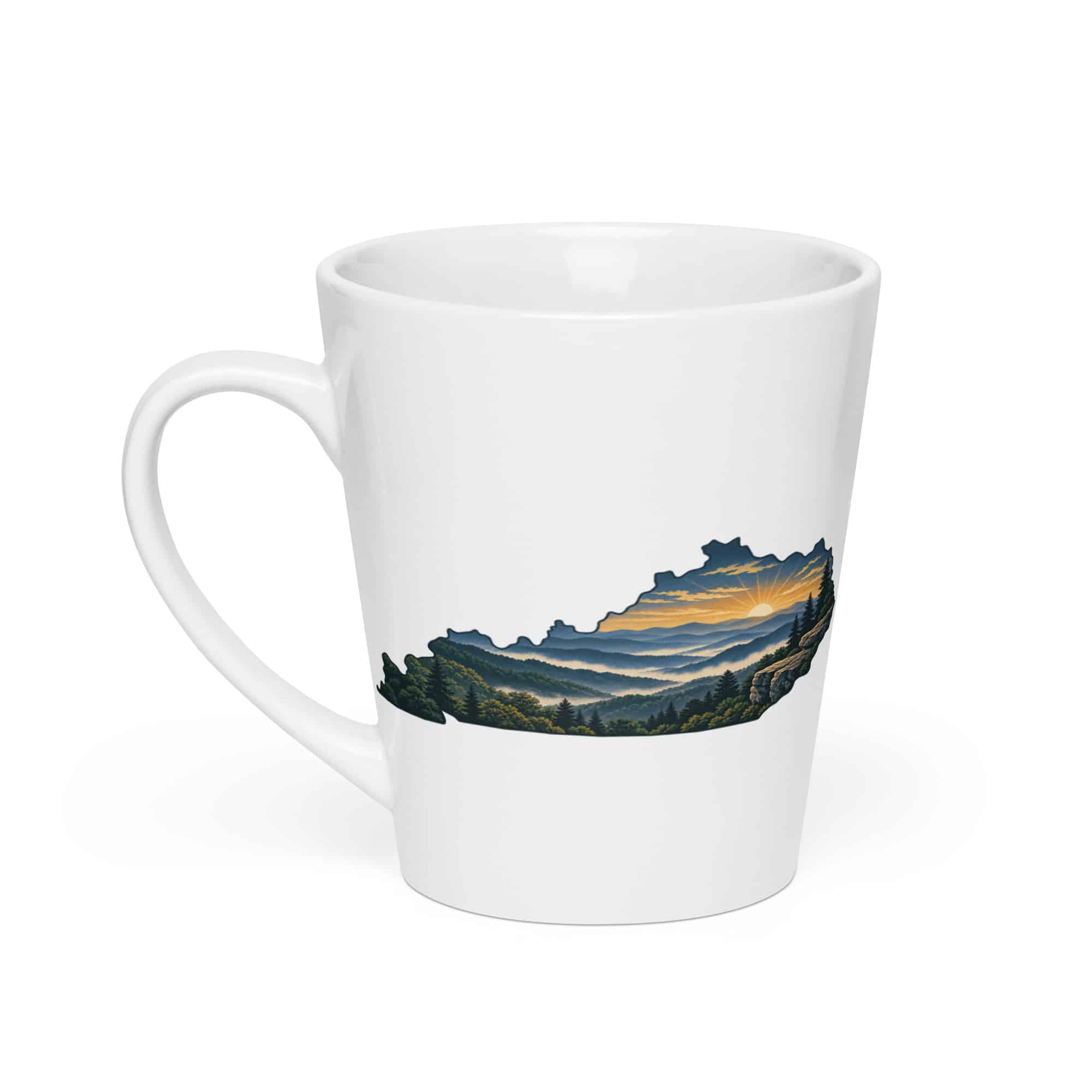 Kentucky Latte Mug: Layered Appalachian ridges at sunrise, Illustrated Kentucky Silhouette