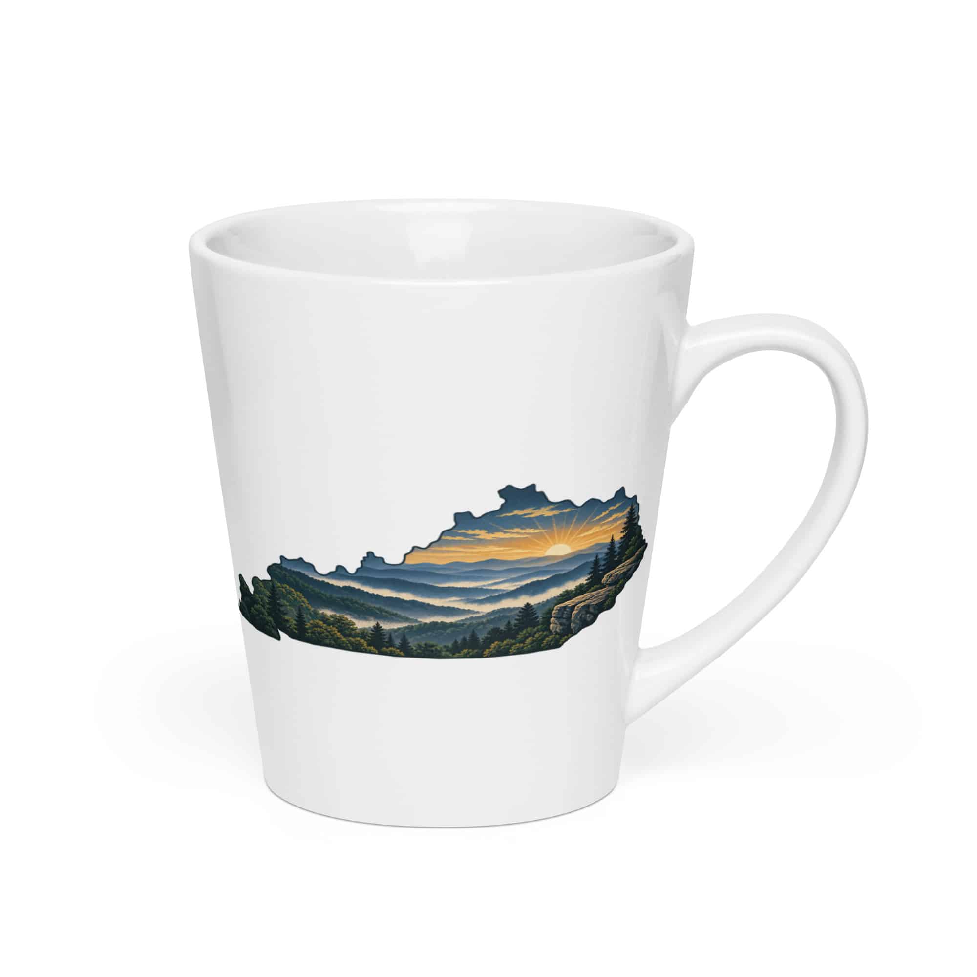 Kentucky Latte Mug: Layered Appalachian ridges at sunrise, Illustrated Kentucky Silhouette