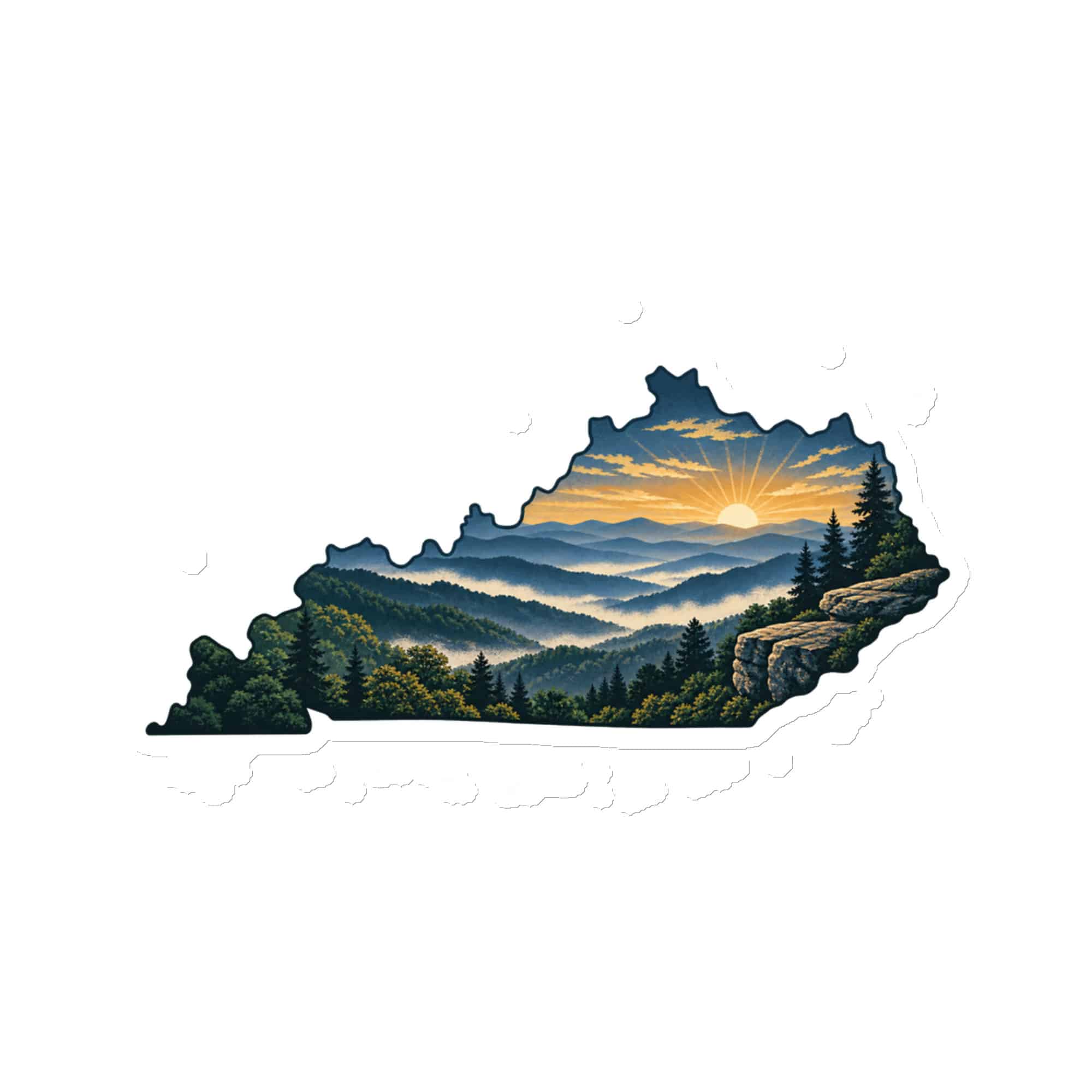 Kentucky Die-Cut Magnet: Layered Appalachian ridges at sunrise, Illustrated Kentucky Silhouette