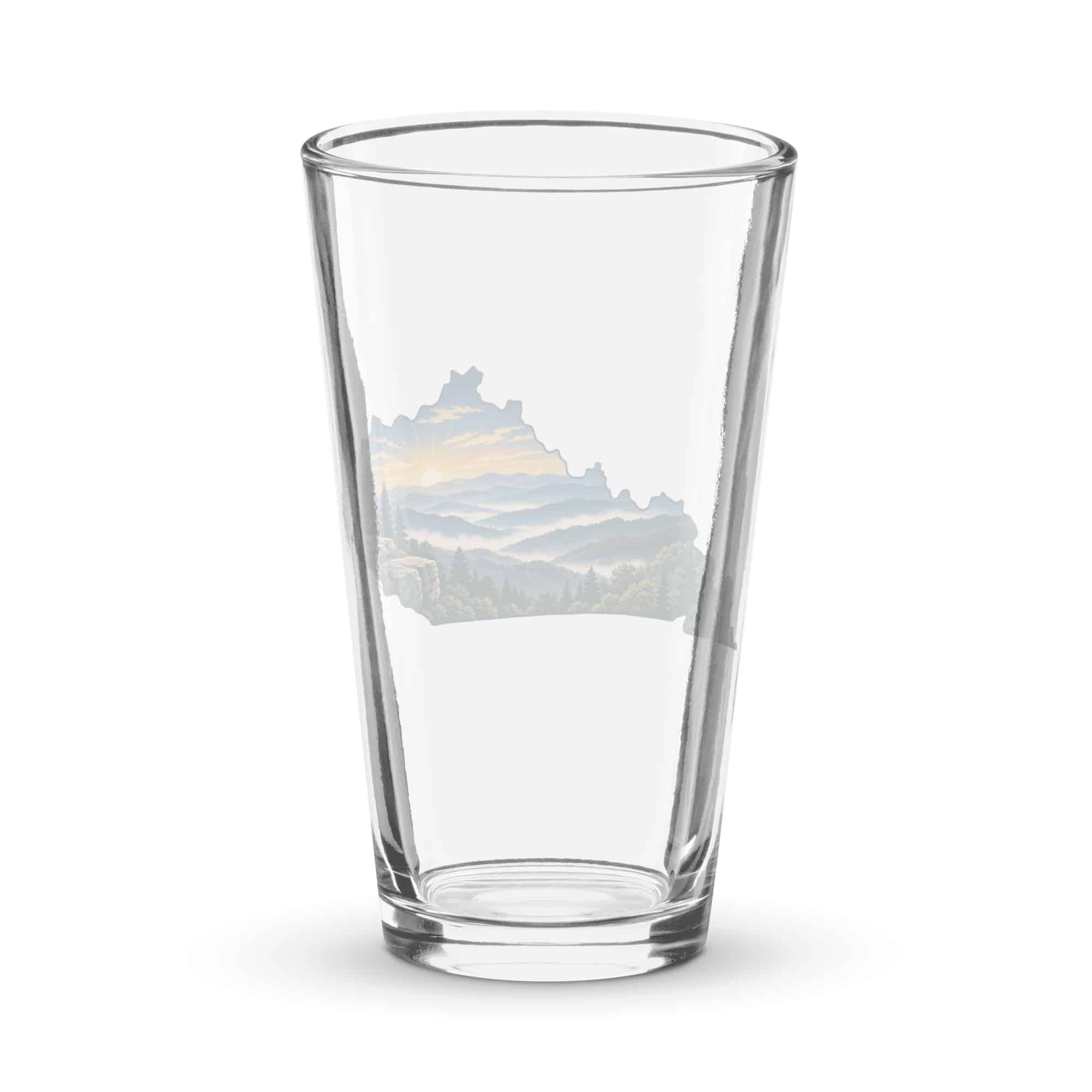 Kentucky Pint Glass: Layered Appalachian ridges at sunrise, Illustrated Kentucky Silhouette