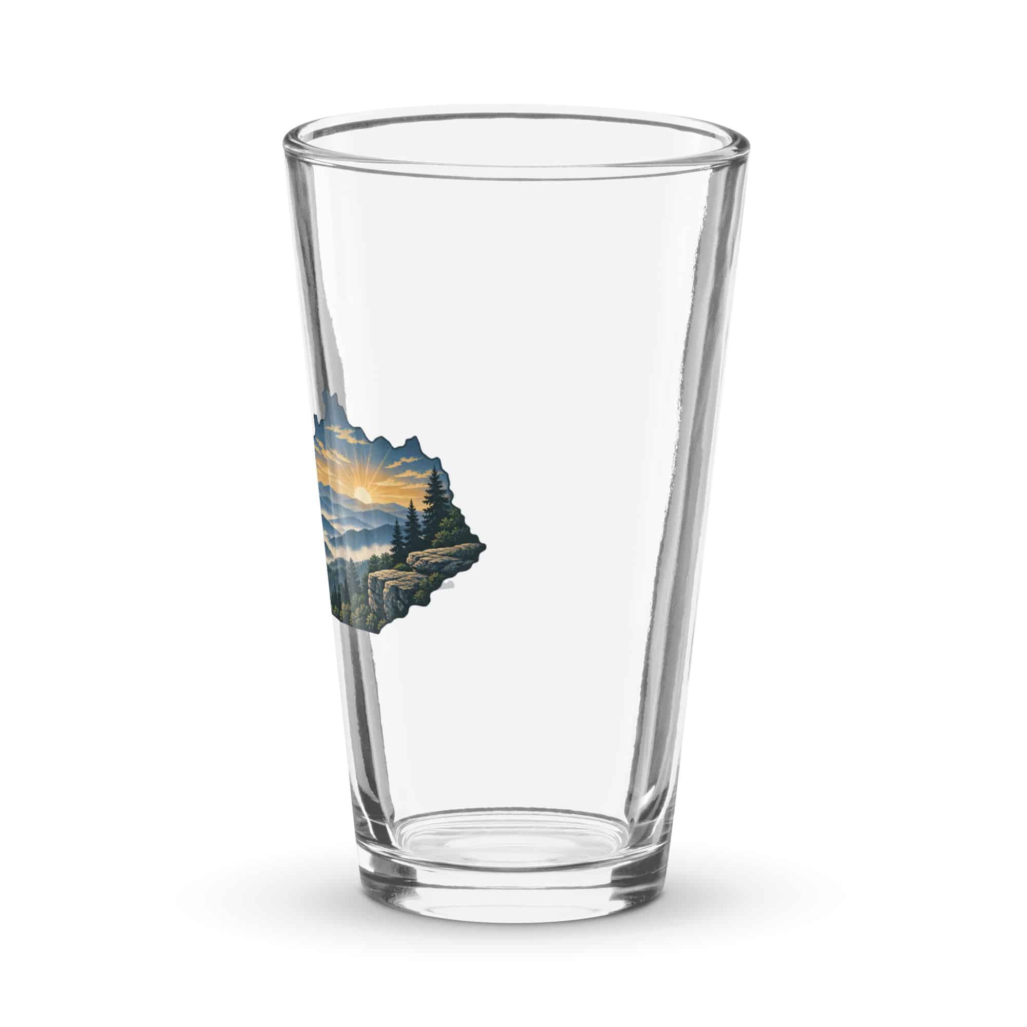Kentucky Pint Glass: Layered Appalachian ridges at sunrise, Illustrated Kentucky Silhouette