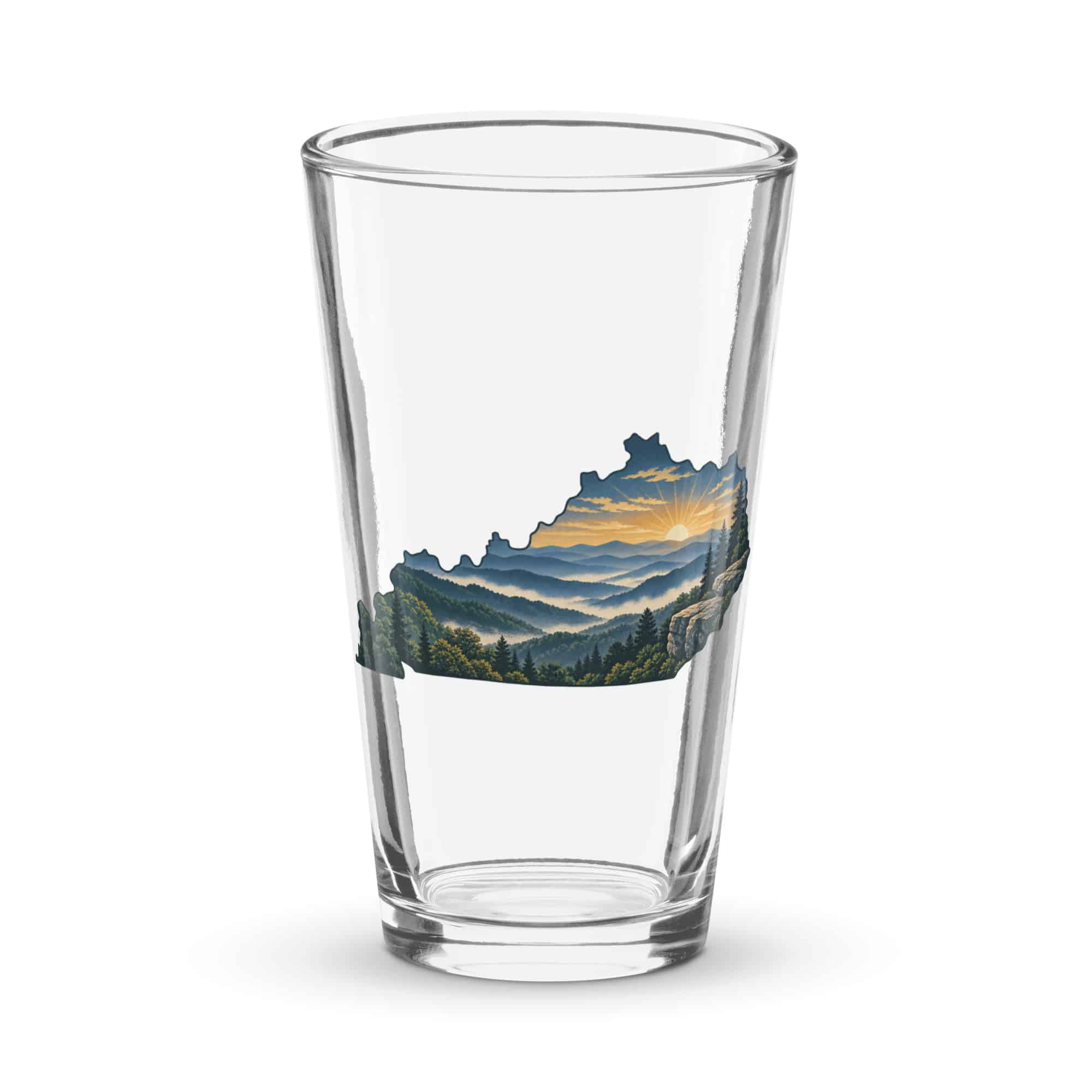 Kentucky Pint Glass: Layered Appalachian ridges at sunrise, Illustrated Kentucky Silhouette