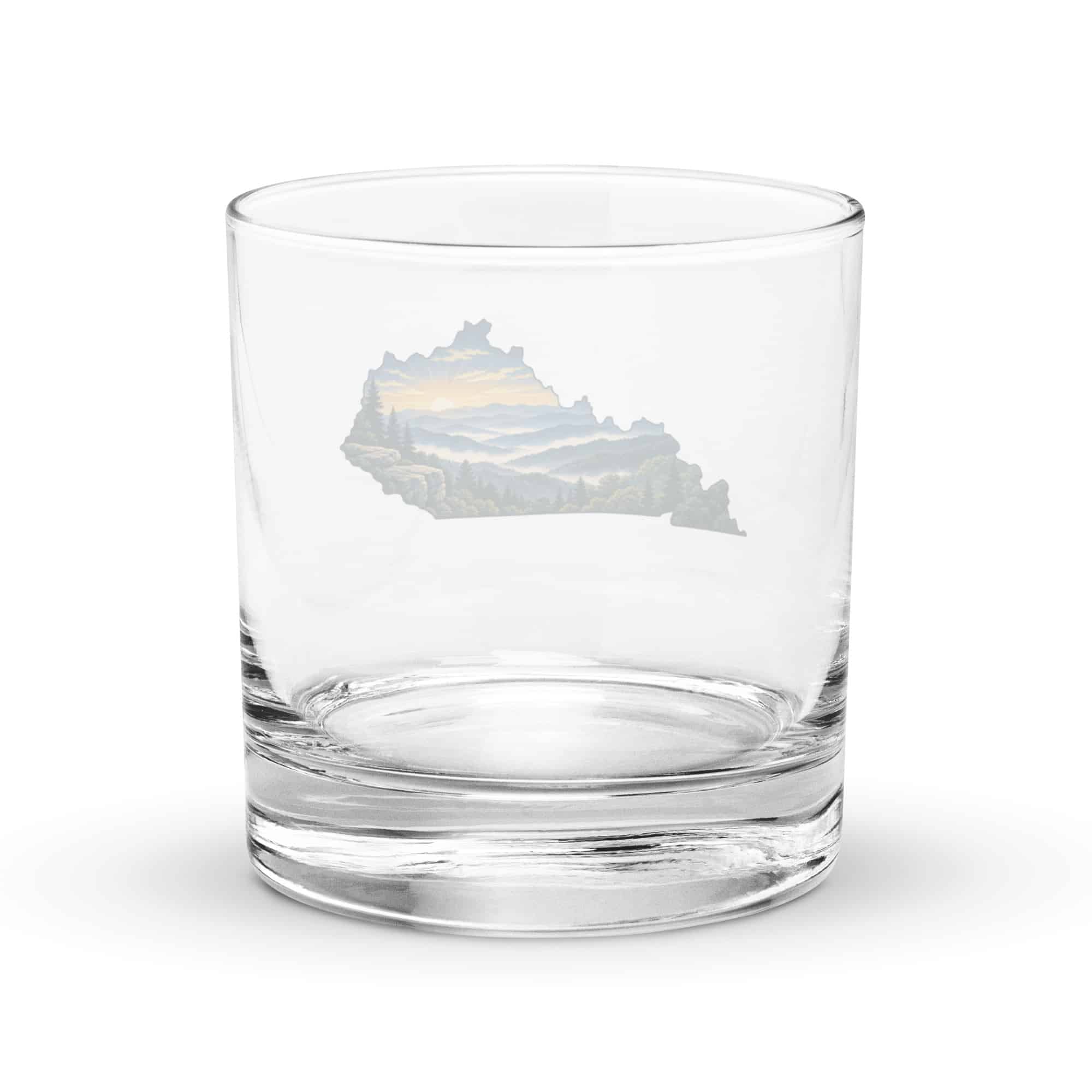 Kentucky Rocks Glass: Layered Appalachian ridges at sunrise, Illustrated Kentucky Silhouette