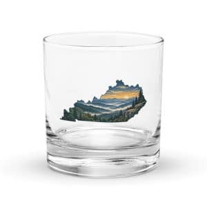 Kentucky Rocks Glass: Layered Appalachian ridges at sunrise, Illustrated Kentucky Silhouette - 10.5 oz - Main