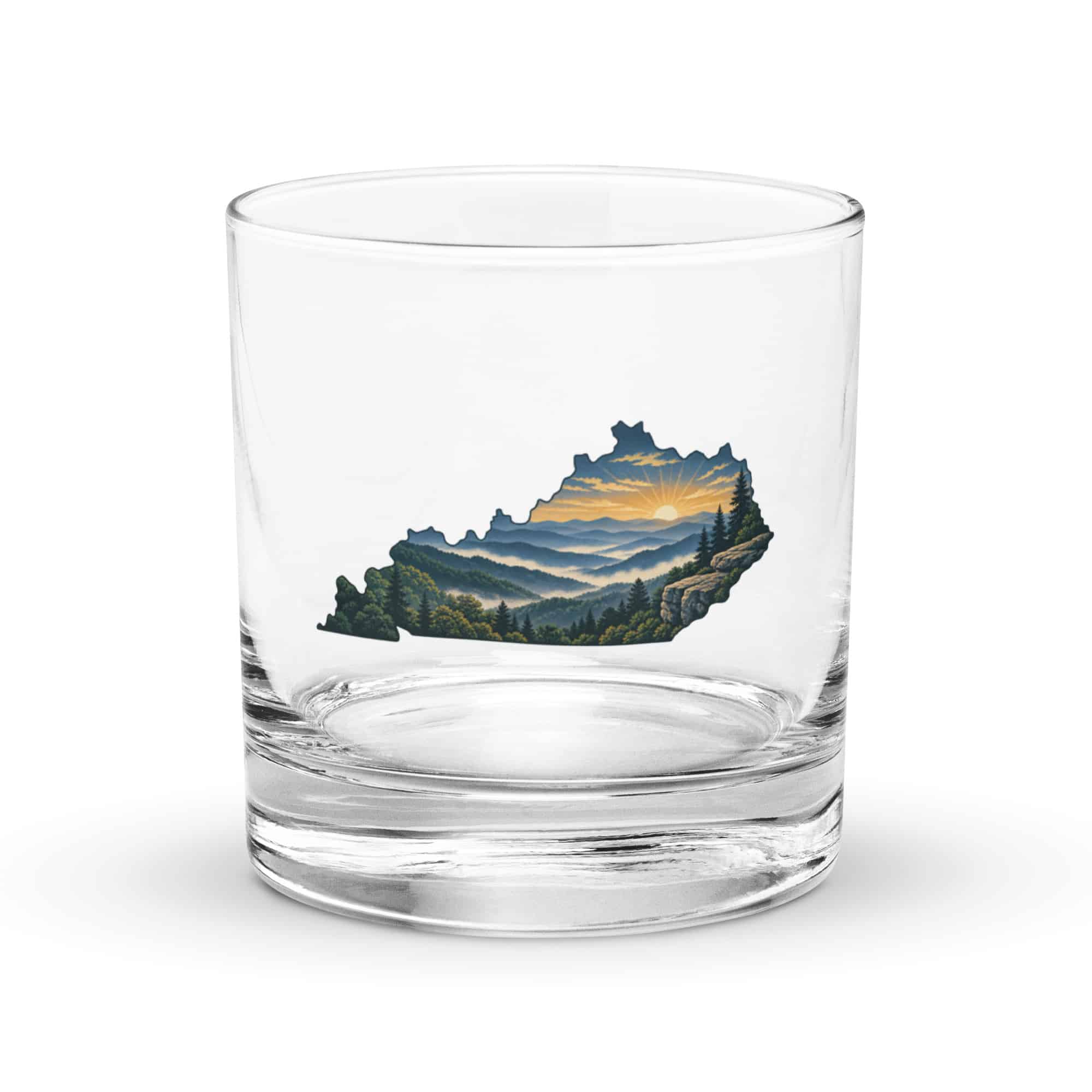 Kentucky Rocks Glass: Layered Appalachian ridges at sunrise, Illustrated Kentucky Silhouette