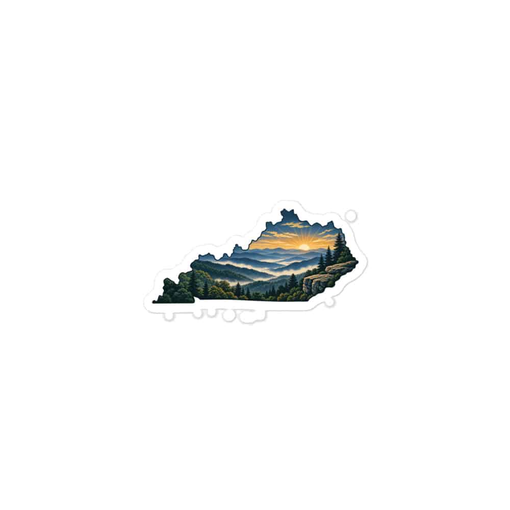 Kentucky Vinyl Sticker: Layered Appalachian ridges at sunrise, Illustrated Kentucky Silhouette