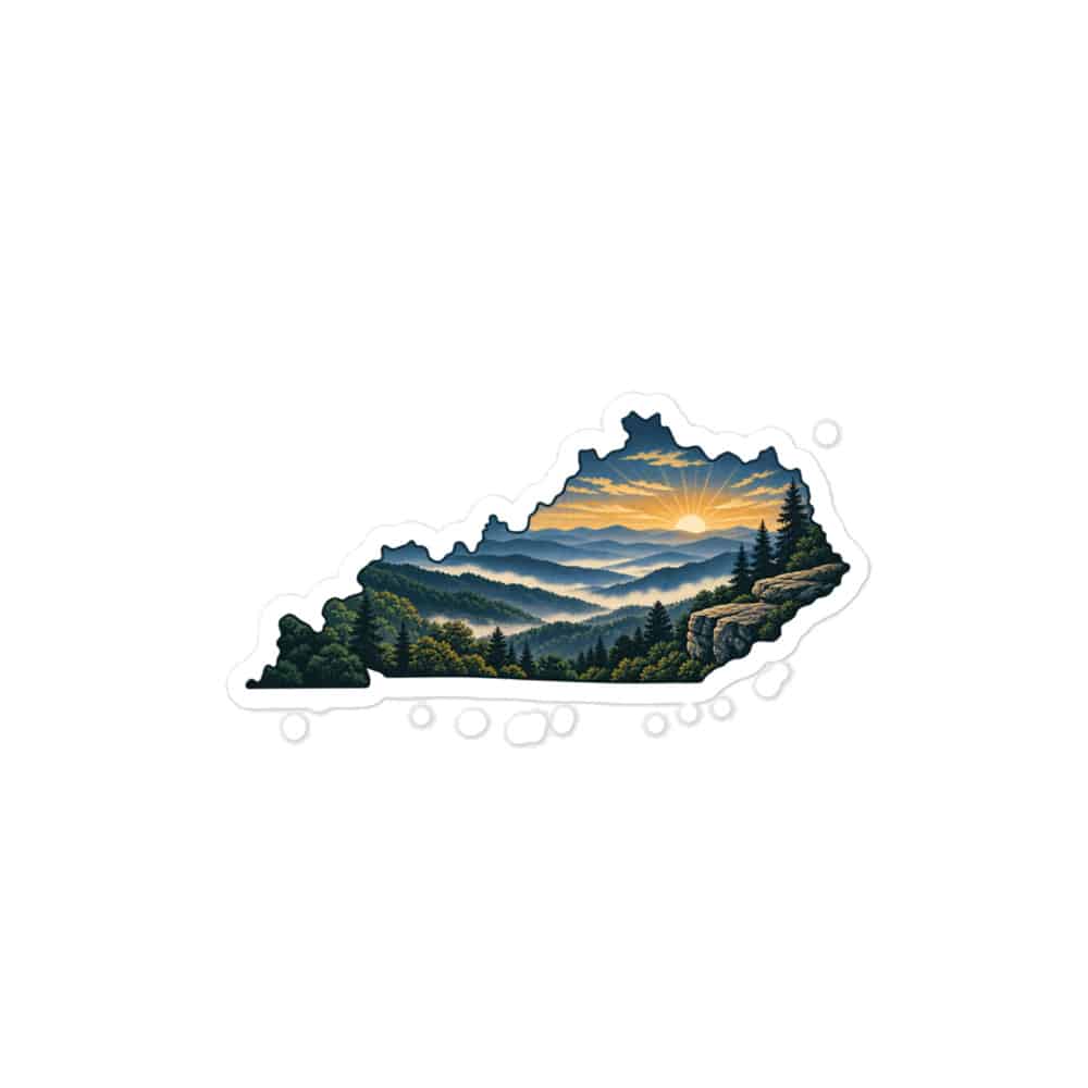 Kentucky Vinyl Sticker: Layered Appalachian ridges at sunrise, Illustrated Kentucky Silhouette