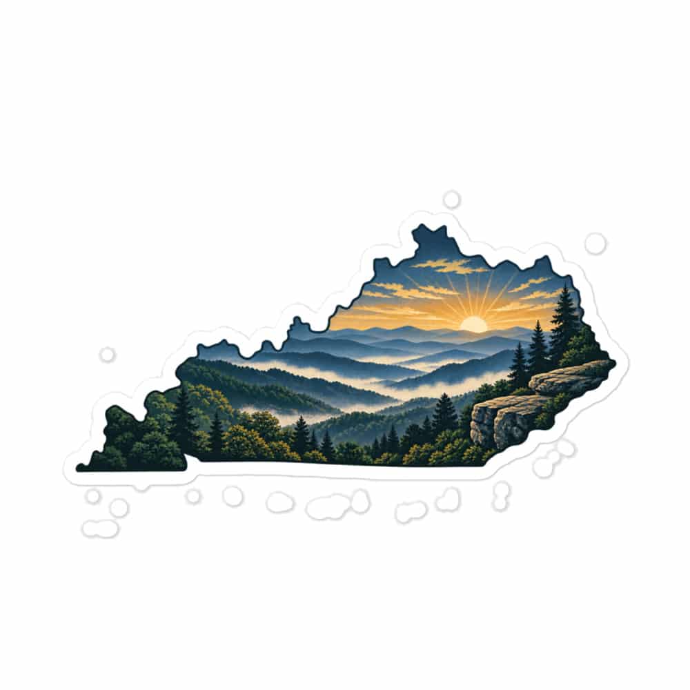 Kentucky Vinyl Sticker: Layered Appalachian ridges at sunrise, Illustrated Kentucky Silhouette