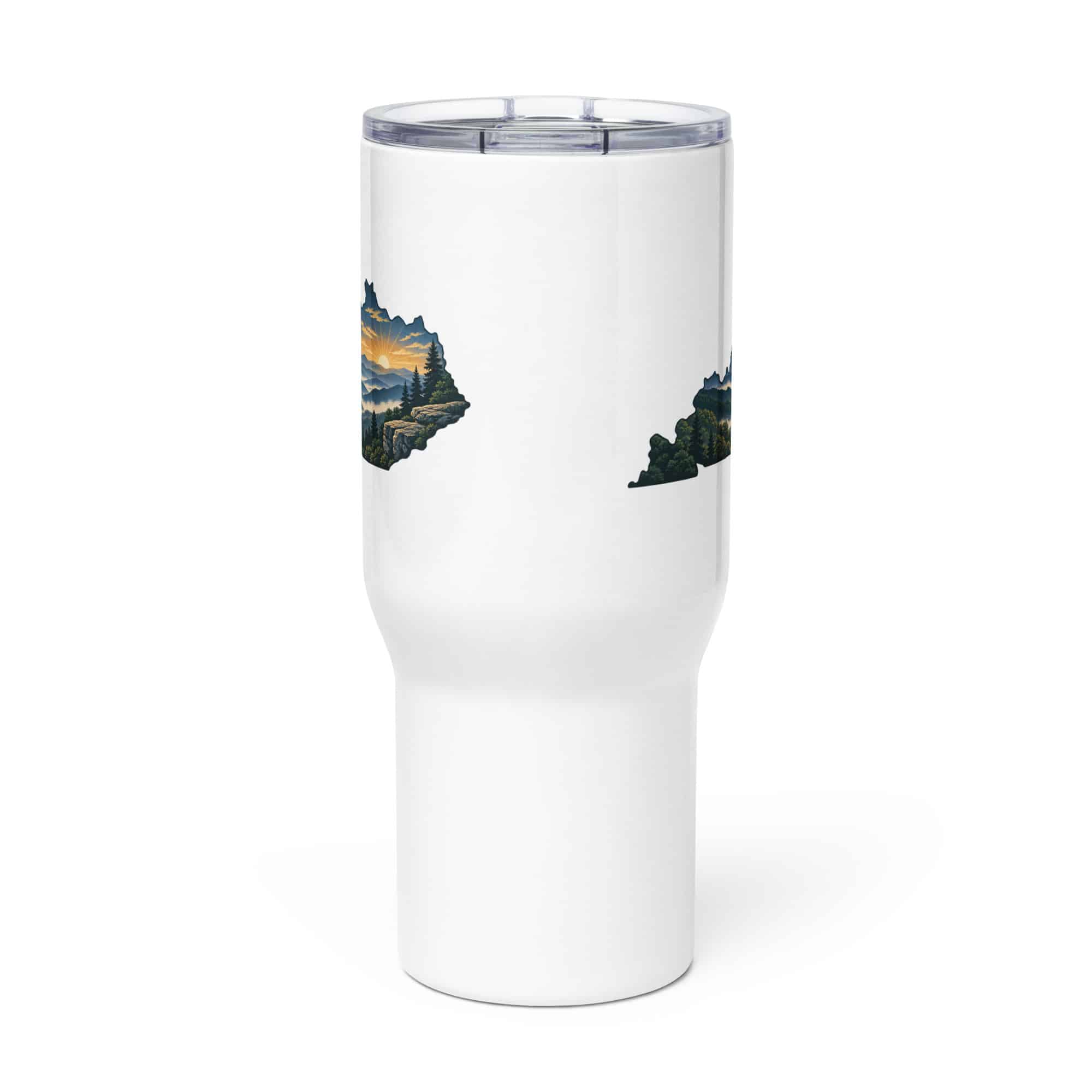 Kentucky Travel Mug: Layered Appalachian ridges at sunrise, Illustrated Kentucky Silhouette