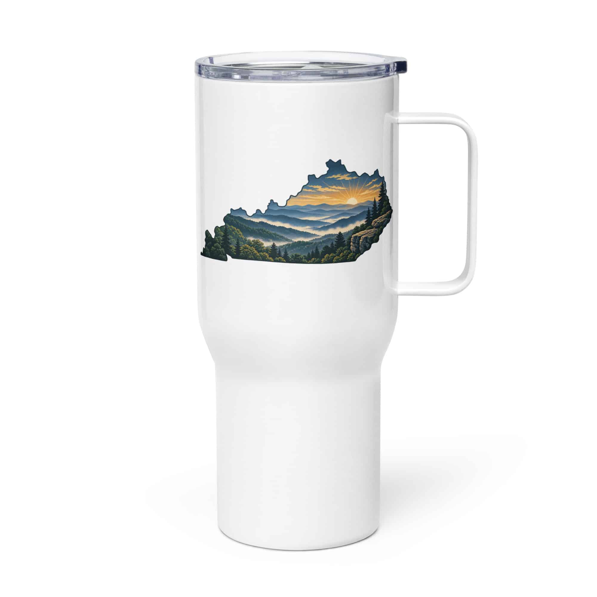 Kentucky Travel Mug: Layered Appalachian ridges at sunrise, Illustrated Kentucky Silhouette