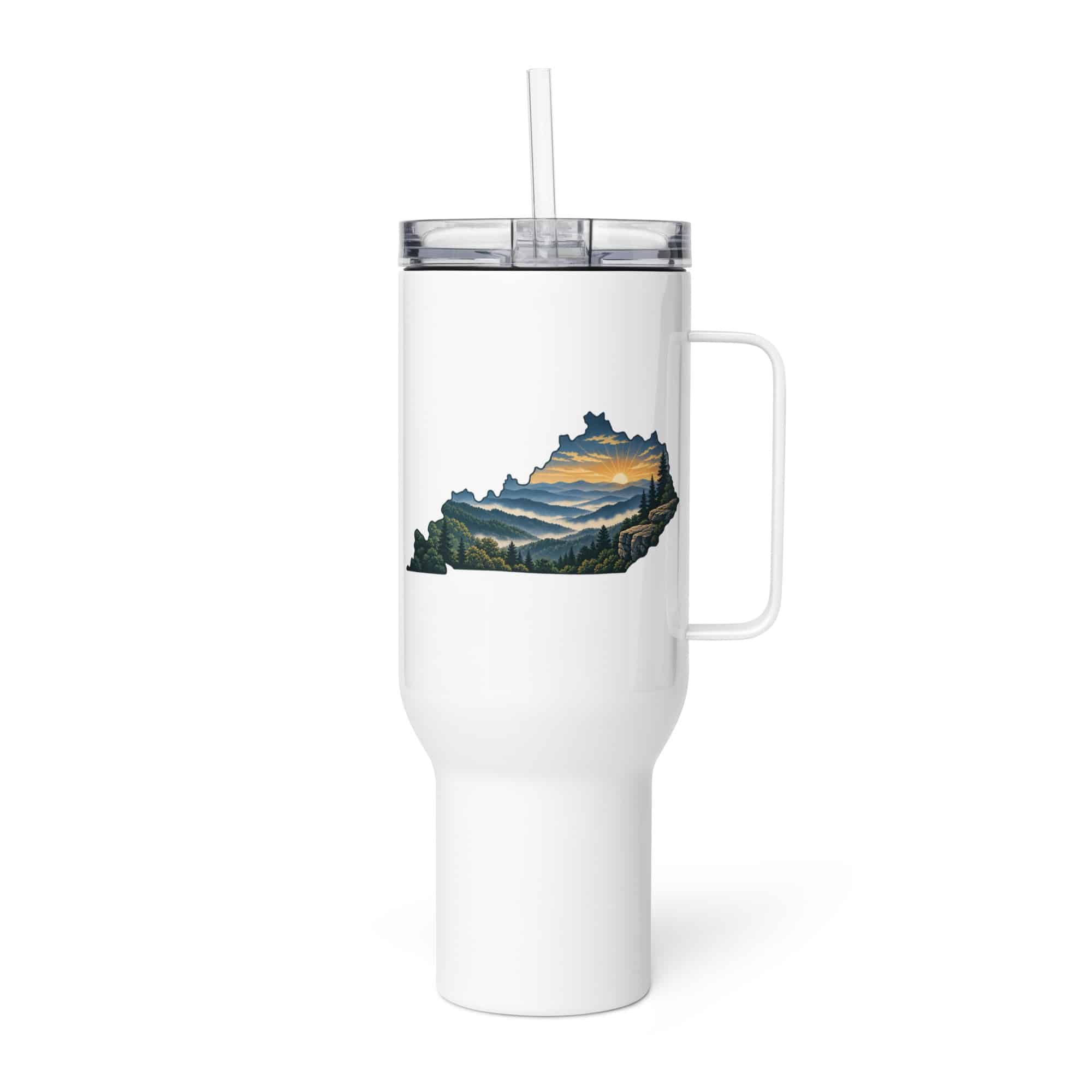 Kentucky Travel Mug: Layered Appalachian ridges at sunrise, Illustrated Kentucky Silhouette