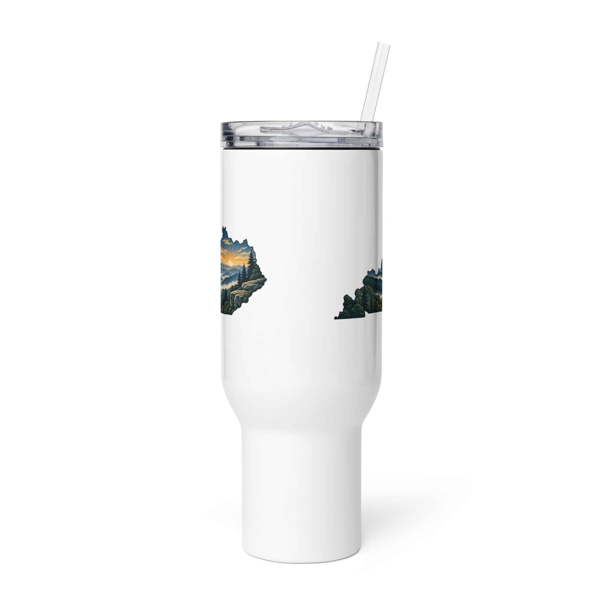 Kentucky Travel Mug: Layered Appalachian ridges at sunrise, Illustrated Kentucky Silhouette