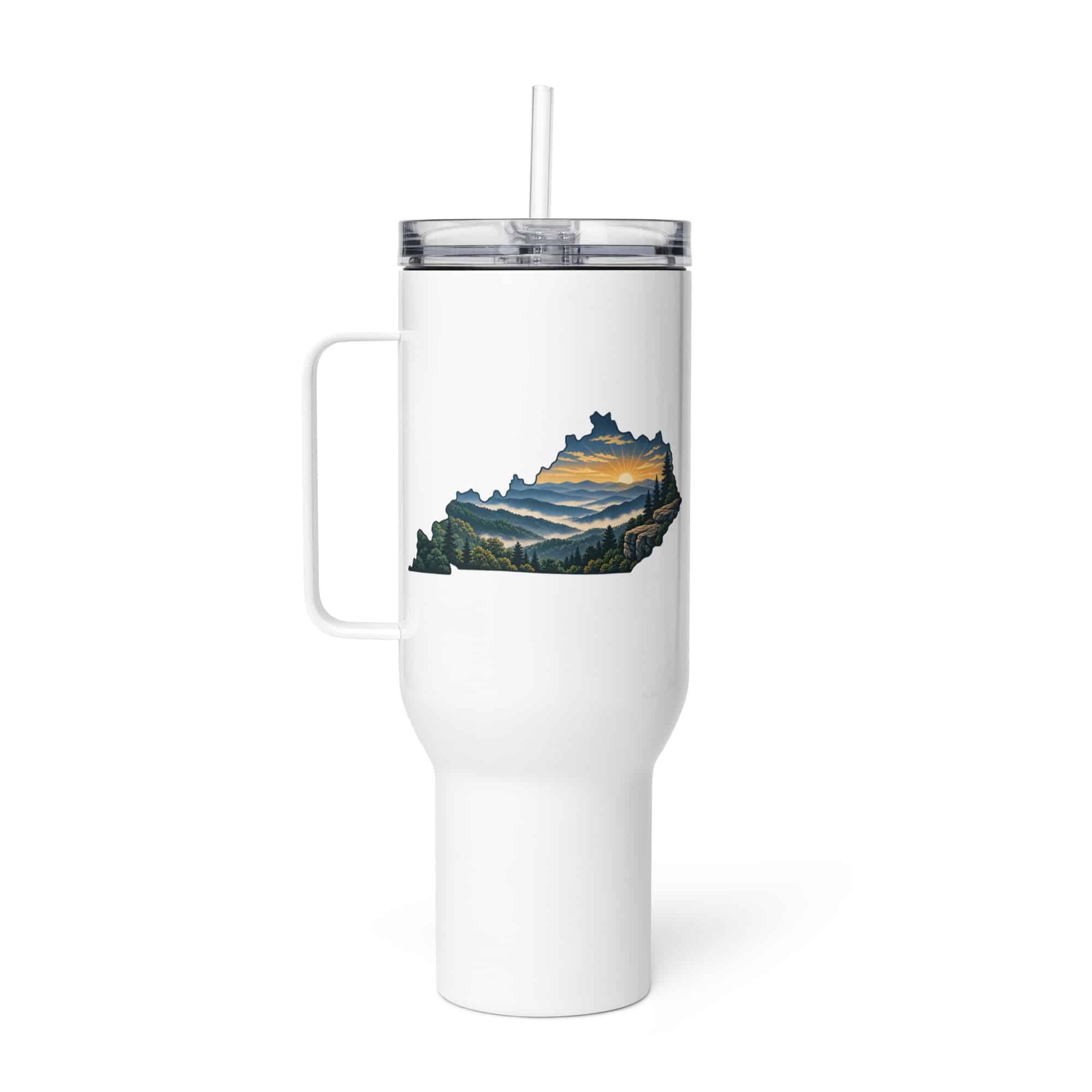 Kentucky Travel Mug: Layered Appalachian ridges at sunrise, Illustrated Kentucky Silhouette