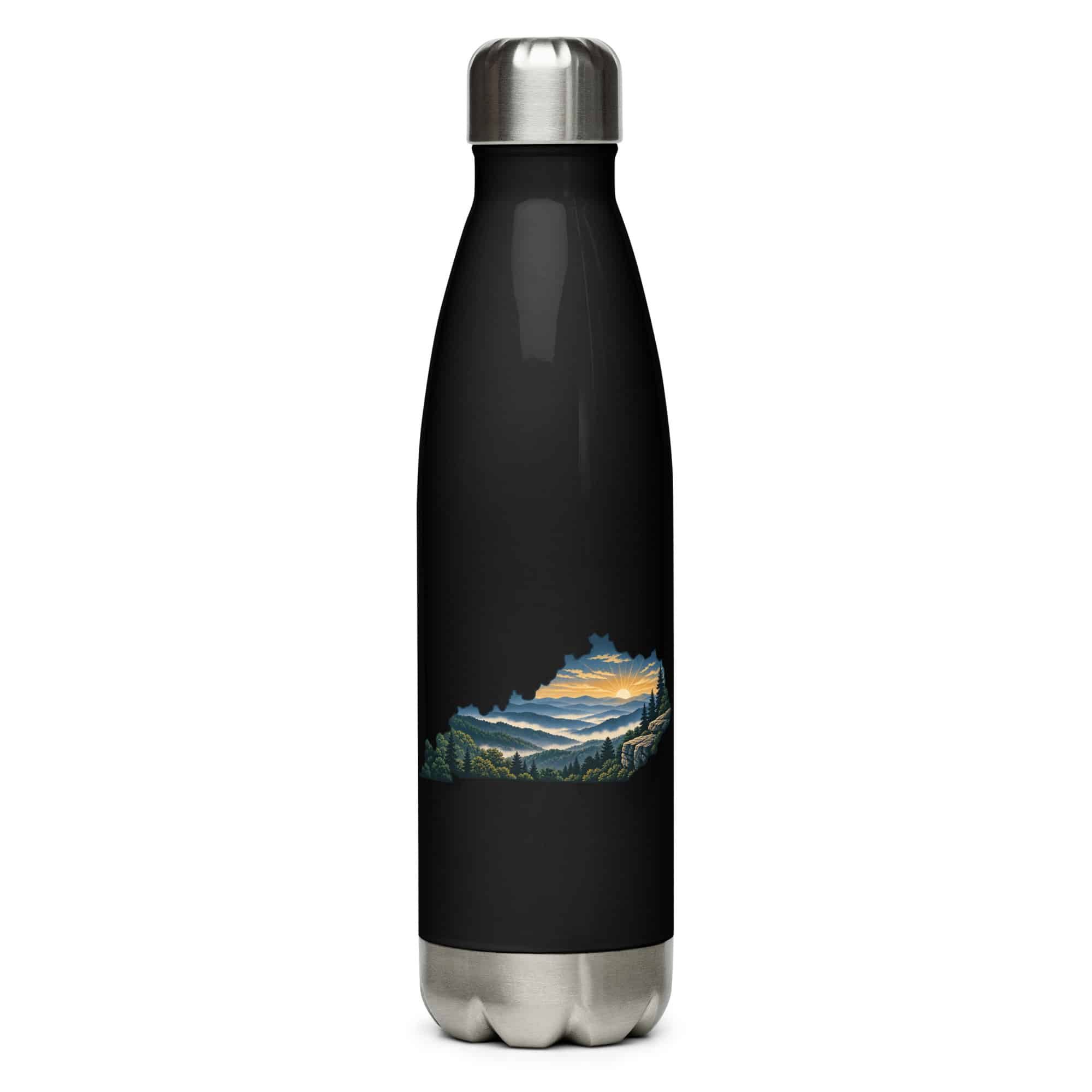 Kentucky Stainless Steel Water Bottle: Layered Appalachian ridges at sunrise, Illustrated Kentucky Silhouette