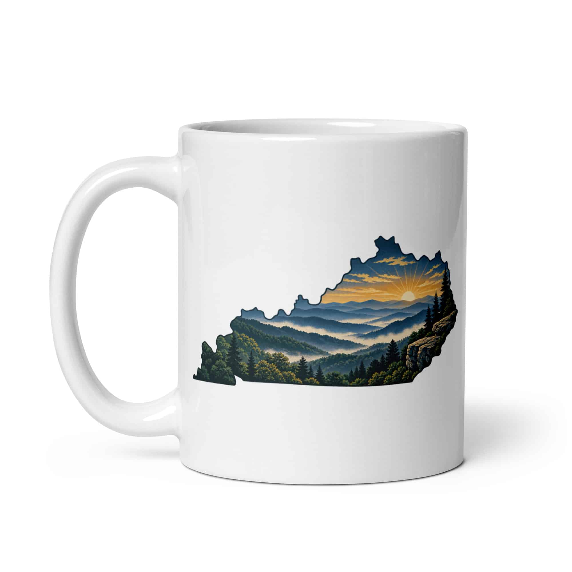 Kentucky White Ceramic Coffee Mug: Layered Appalachian ridges at sunrise, Illustrated Kentucky Silhouette