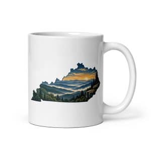 Kentucky White Ceramic Coffee Mug: Layered Appalachian ridges at sunrise, Illustrated Kentucky Silhouette - 11 oz - Main
