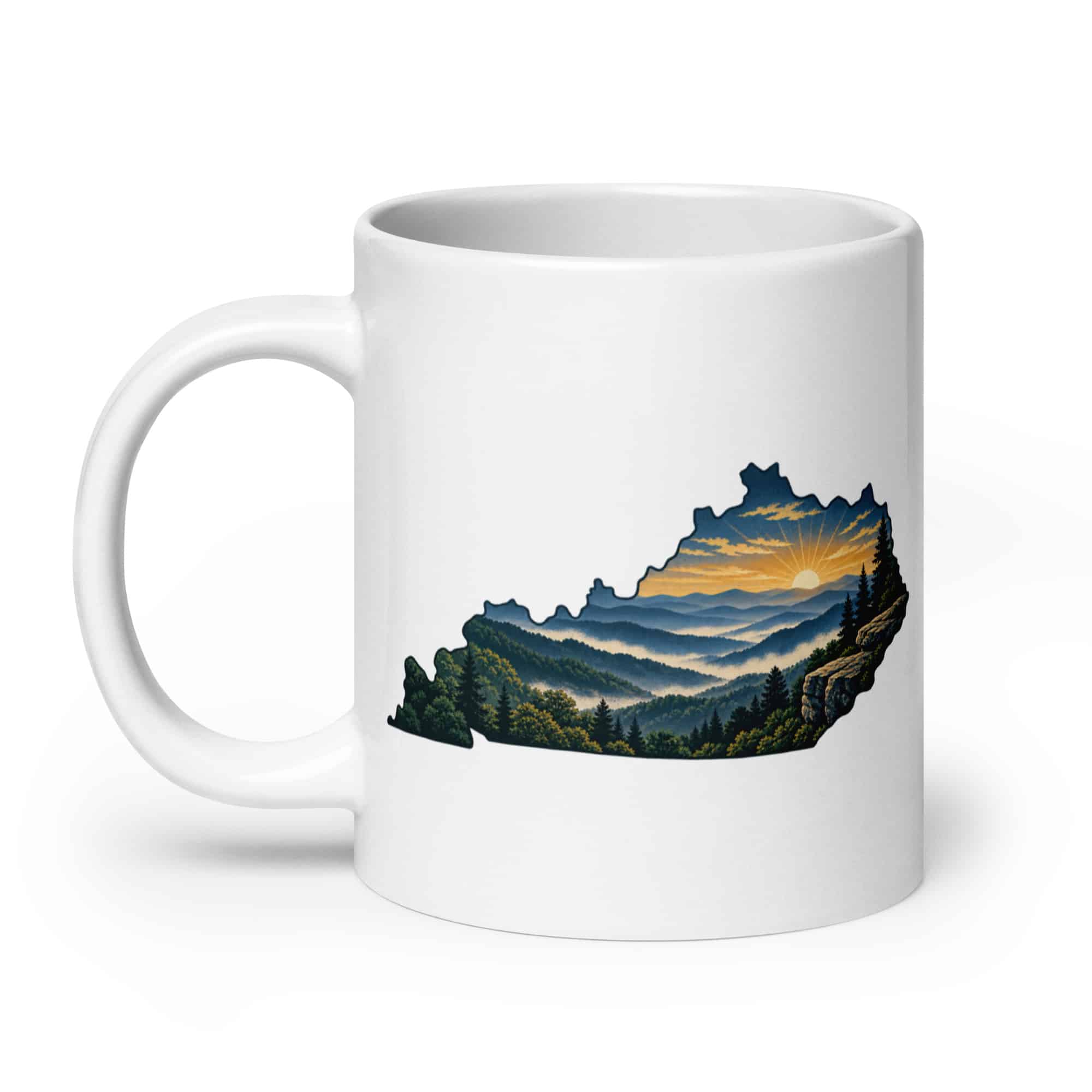Kentucky White Ceramic Coffee Mug: Layered Appalachian ridges at sunrise, Illustrated Kentucky Silhouette