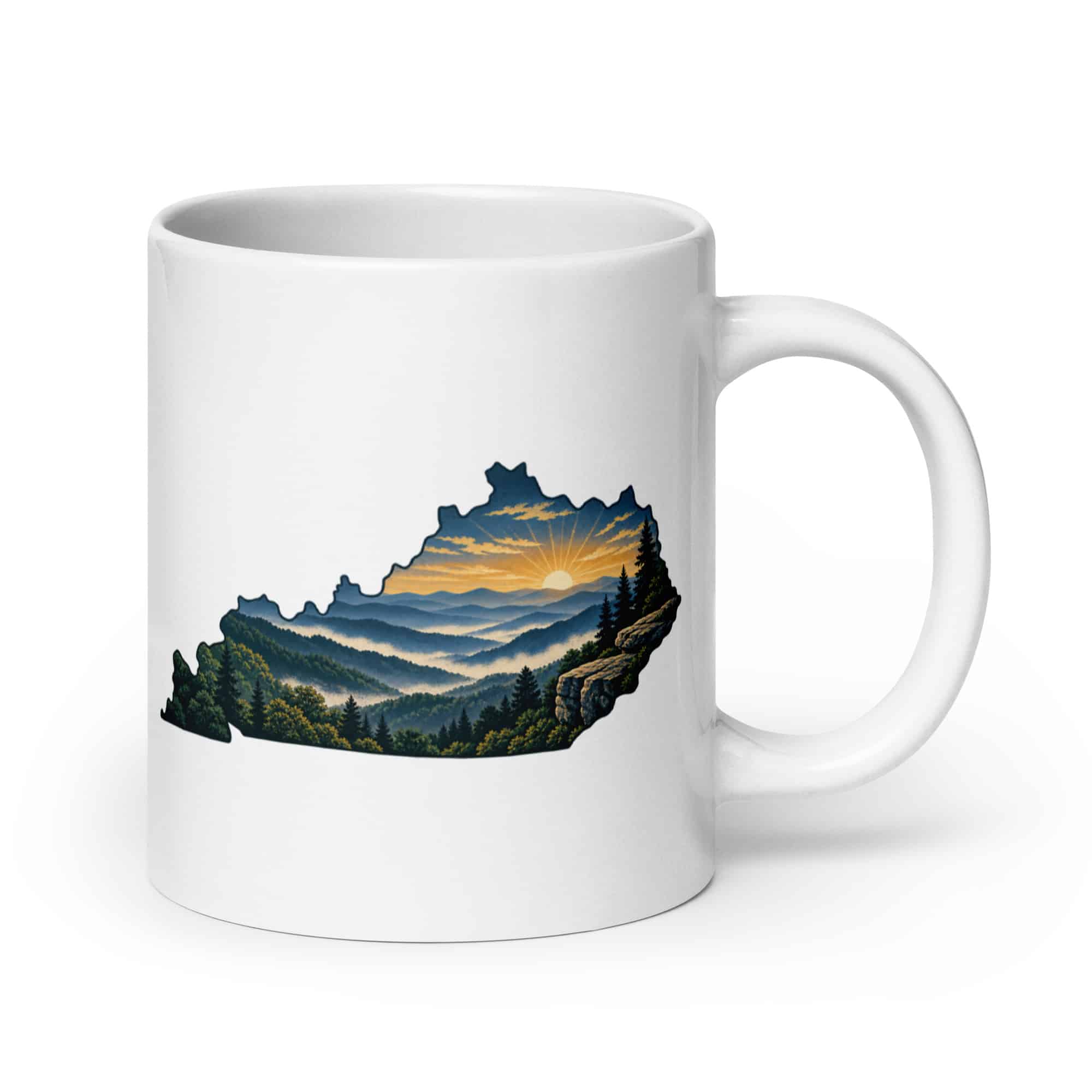 Kentucky White Ceramic Coffee Mug: Layered Appalachian ridges at sunrise, Illustrated Kentucky Silhouette