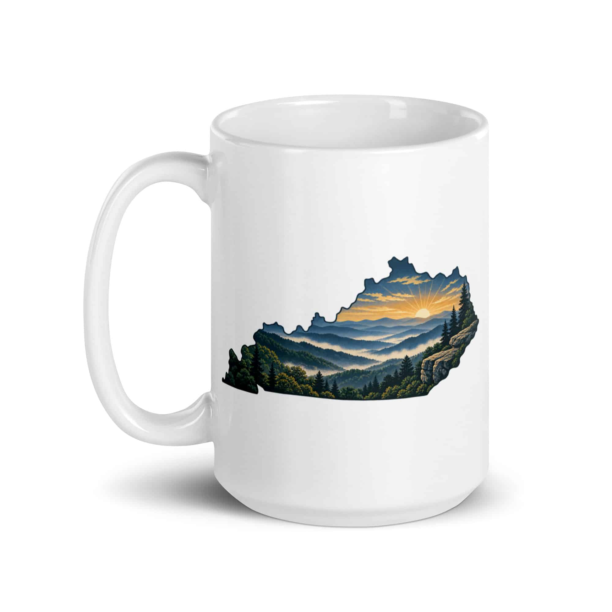 Kentucky White Ceramic Coffee Mug: Layered Appalachian ridges at sunrise, Illustrated Kentucky Silhouette