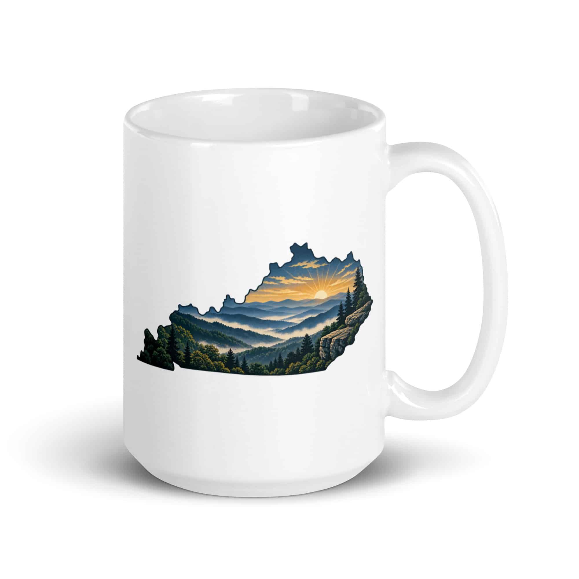 Kentucky White Ceramic Coffee Mug: Layered Appalachian ridges at sunrise, Illustrated Kentucky Silhouette