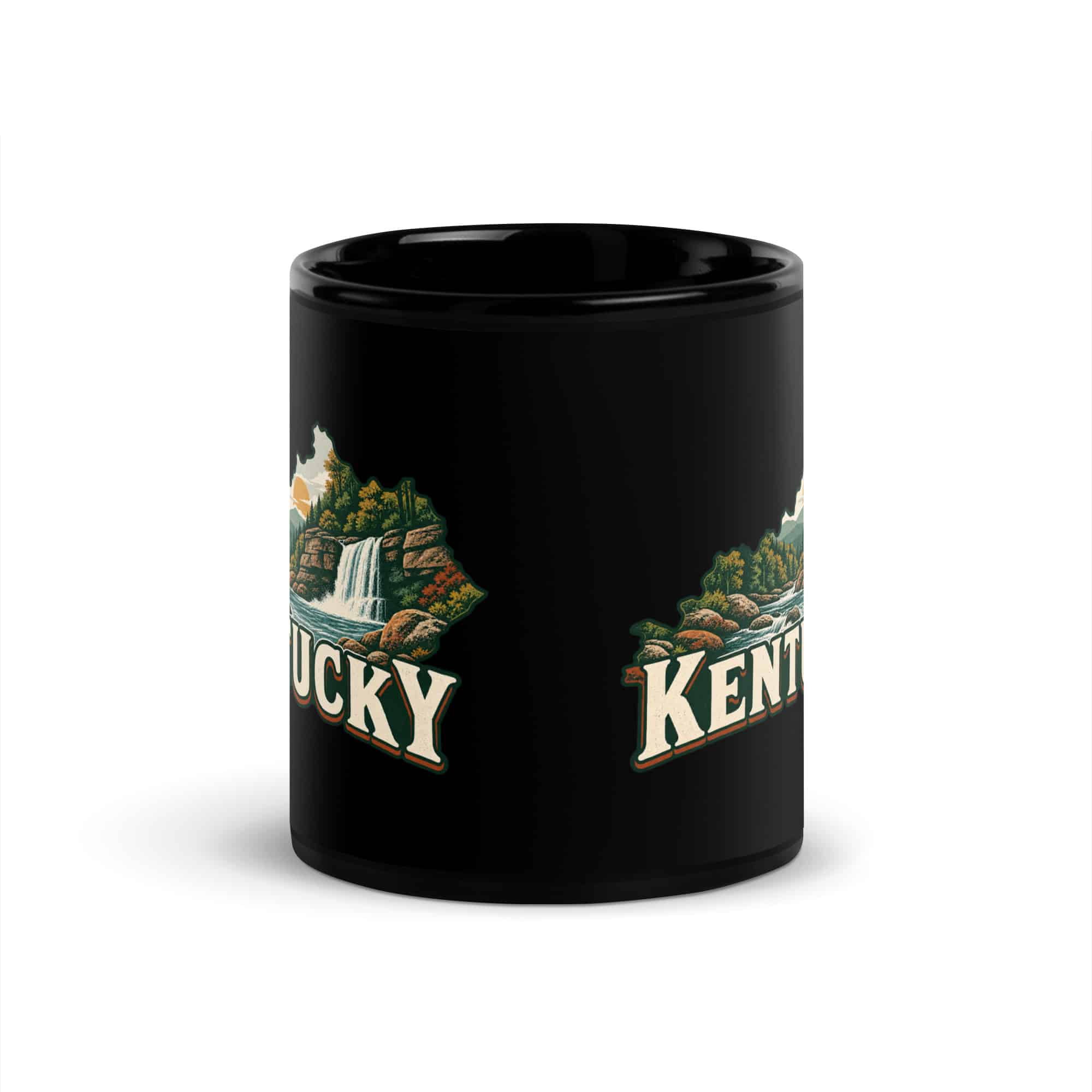 Kentucky Black Coffee Mug: Creek and waterfall, Vintage Kentucky Silhouette