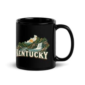 Kentucky Black Coffee Mug: Creek and waterfall, Vintage Kentucky Silhouette - 11 oz - Handle on Right
